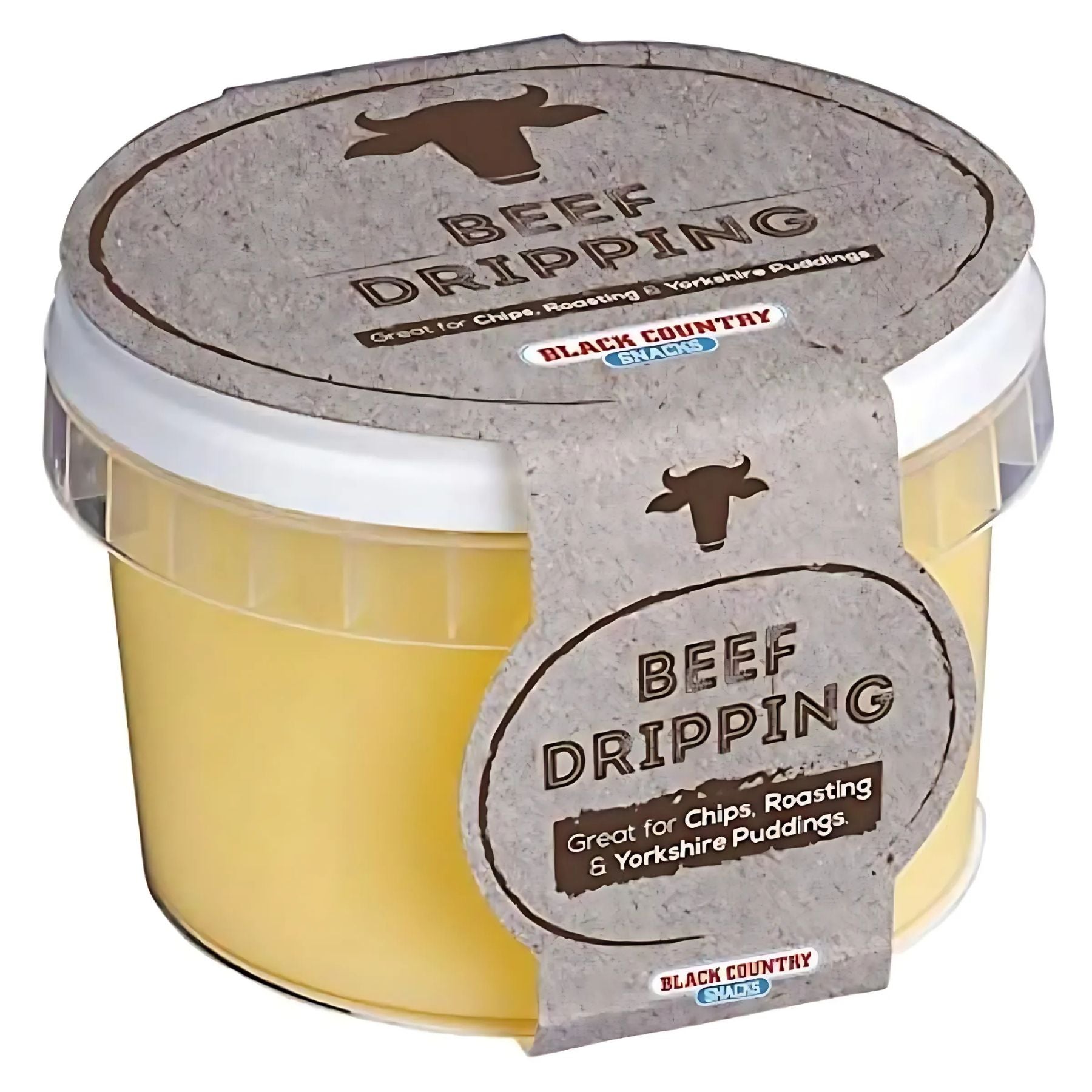 A 250g tub of Black Country Beef Dripping Fat Pot with a brown label reading "Great for Chips, Roasting & Yorkshire Puddings," ideal for adding traditional flavour to your favourite dishes. A 250g tub of Black Country Beef Dripping Fat Pot with a brown label reading "Great for Chips, Roasting & Yorkshire Puddings," ideal for adding traditional flavour to your favourite dishes.