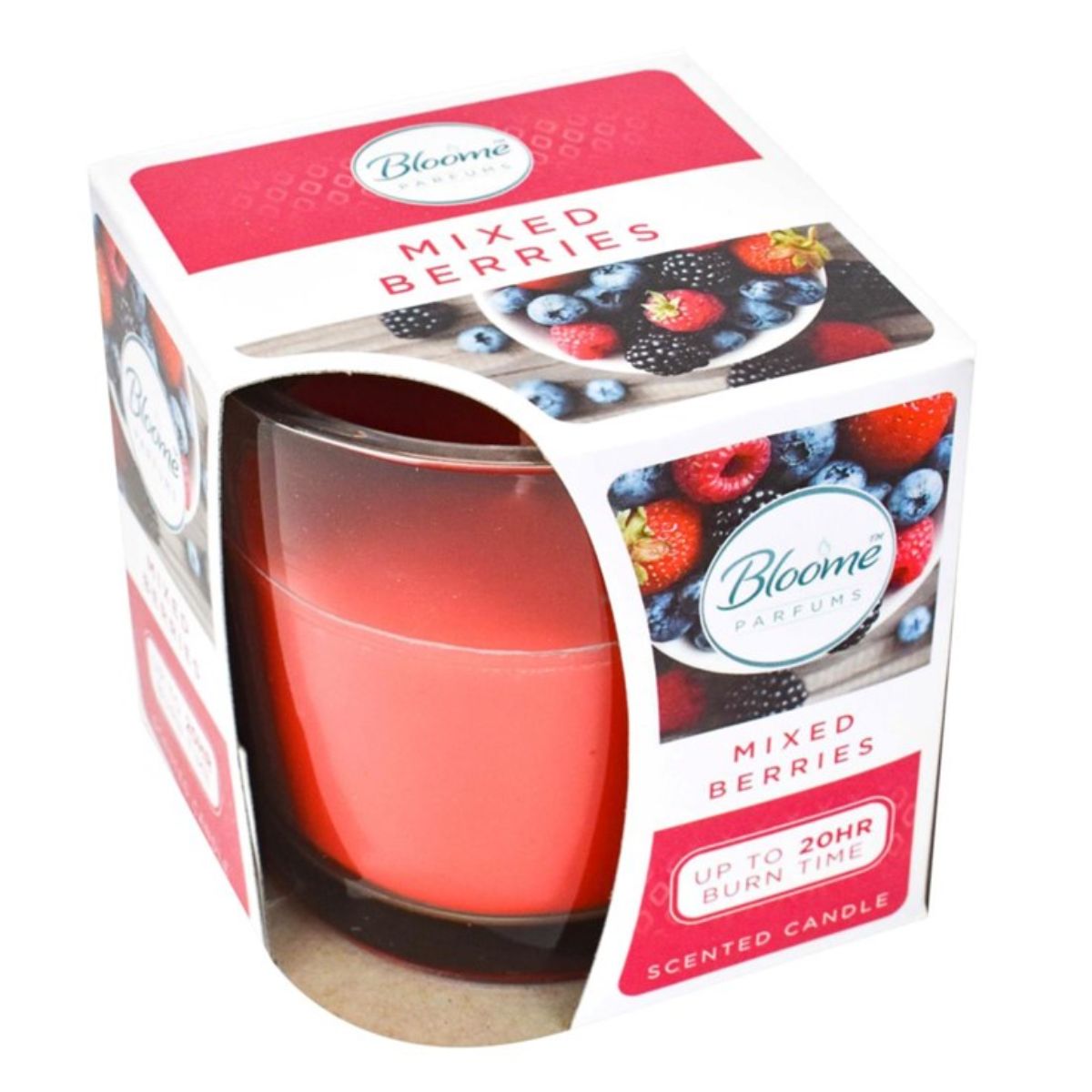 A Bloome - Mix Berries candle in a box with berries in it.