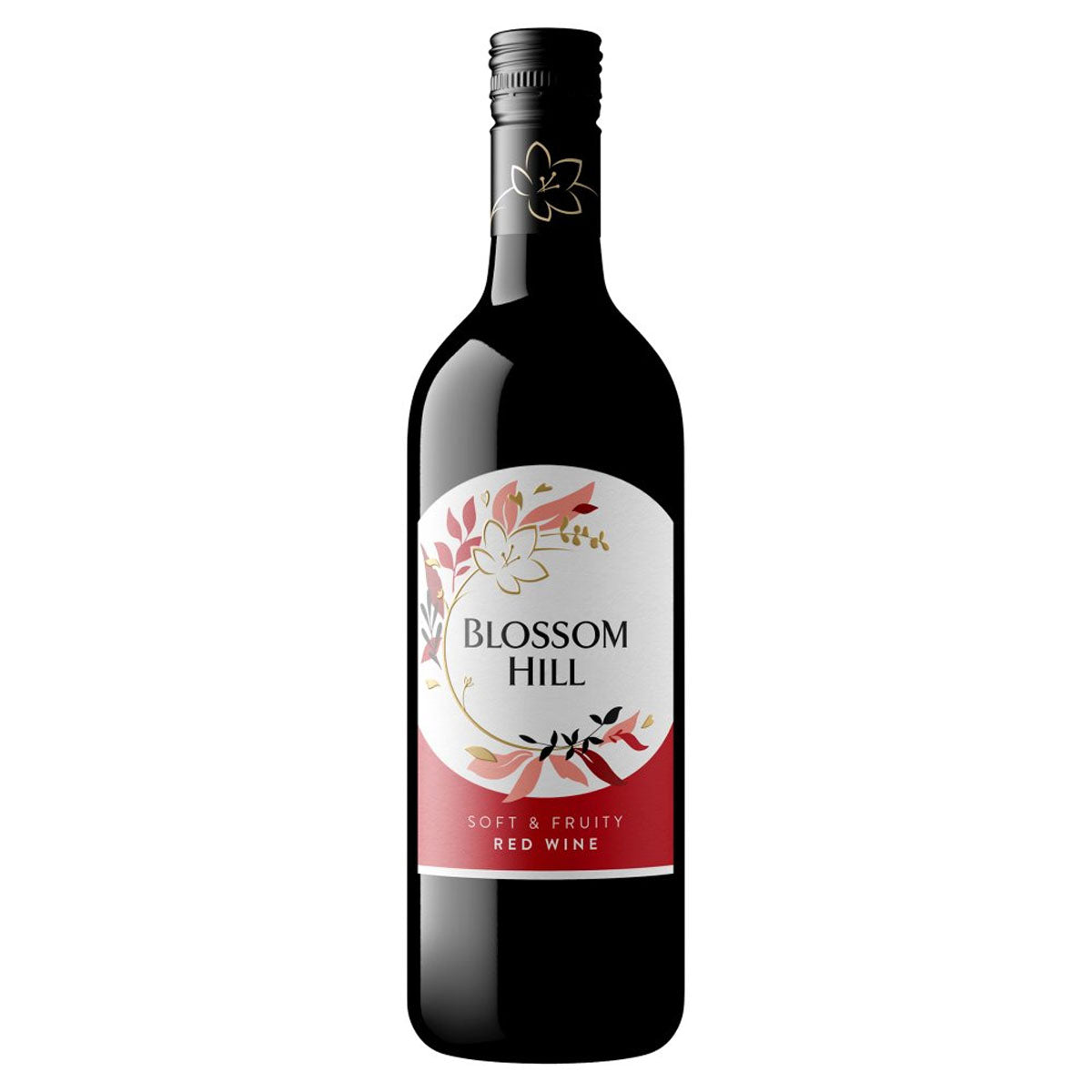 A bottle of Blossom Hill - Soft & Fruity Red Wine (12.5% ABV) - 750ml with the label blossom hill.