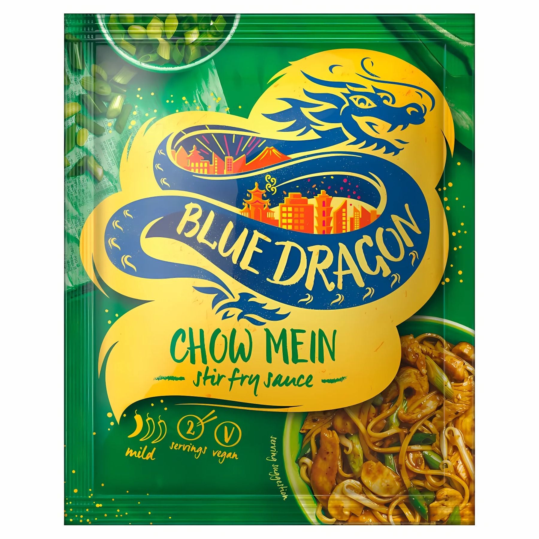 A packet of Blue Dragon Chow Mein Stir Fry Sauce (120g) features the blue dragon logo, food images, and labels indicating it is mild, serves two, and suitable for vegans. A packet of Blue Dragon Chow Mein Stir Fry Sauce (120g) features the blue dragon logo, food images, and labels indicating it is mild, serves two, and suitable for vegans.