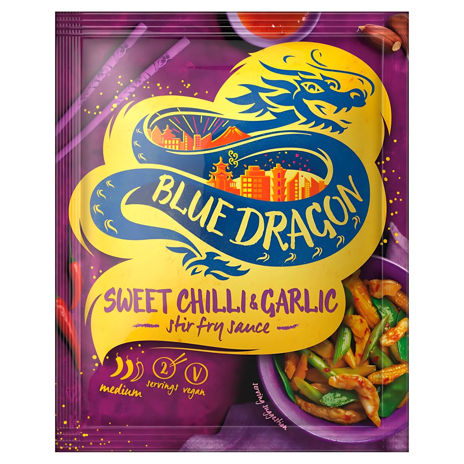 Front of a Blue Dragon - Sweet Chilli & Garlic Stir Fry Sauce 120g packet with dragon logo and vegetable images. Medium spice, vegan garlic sauce; serves two. Front of a Blue Dragon - Sweet Chilli & Garlic Stir Fry Sauce 120g packet with dragon logo and vegetable images. Medium spice, vegan garlic sauce; serves two.