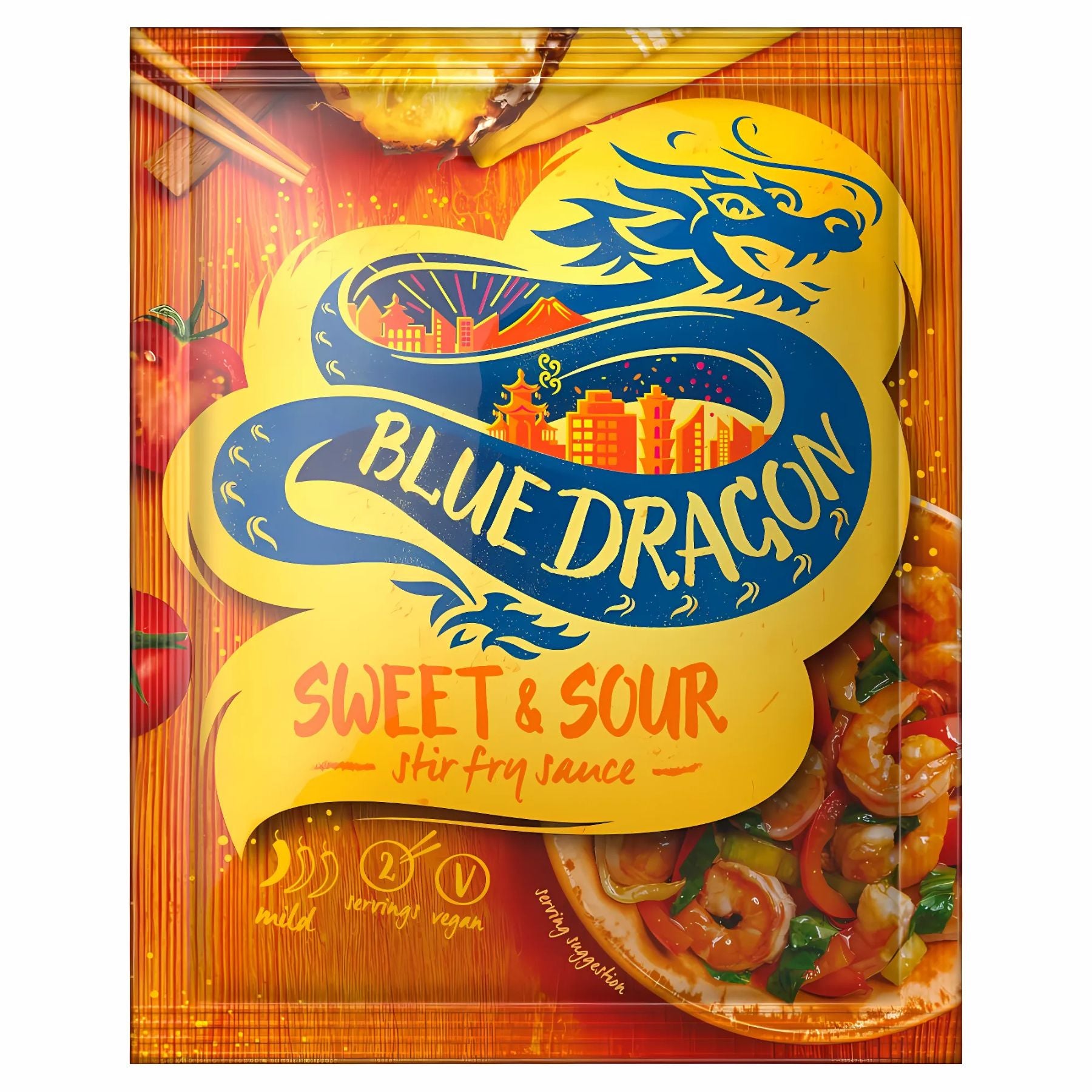 Blue Dragon - Sweet & Sour Stir Fry Sauce - 120g is a Chinese-style stir fry sauce, with packaging featuring a blue dragon image and a shrimp stir-fry dish. Blue Dragon - Sweet & Sour Stir Fry Sauce - 120g is a Chinese-style stir fry sauce, with packaging featuring a blue dragon image and a shrimp stir-fry dish.