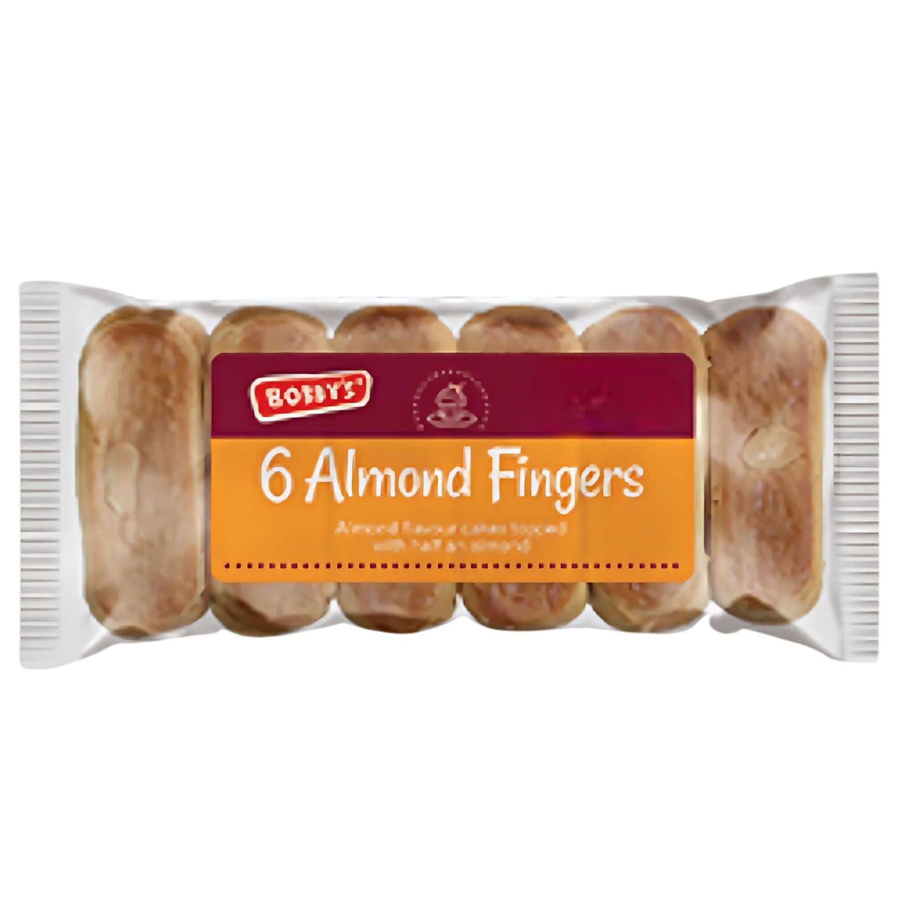 A clear plastic-wrapped pack of Bobby's - 6 Almond Fingers - 280g, showing six nutty cakes inside with a red and orange front label. A clear plastic-wrapped pack of Bobby's - 6 Almond Fingers - 280g, showing six nutty cakes inside with a red and orange front label.