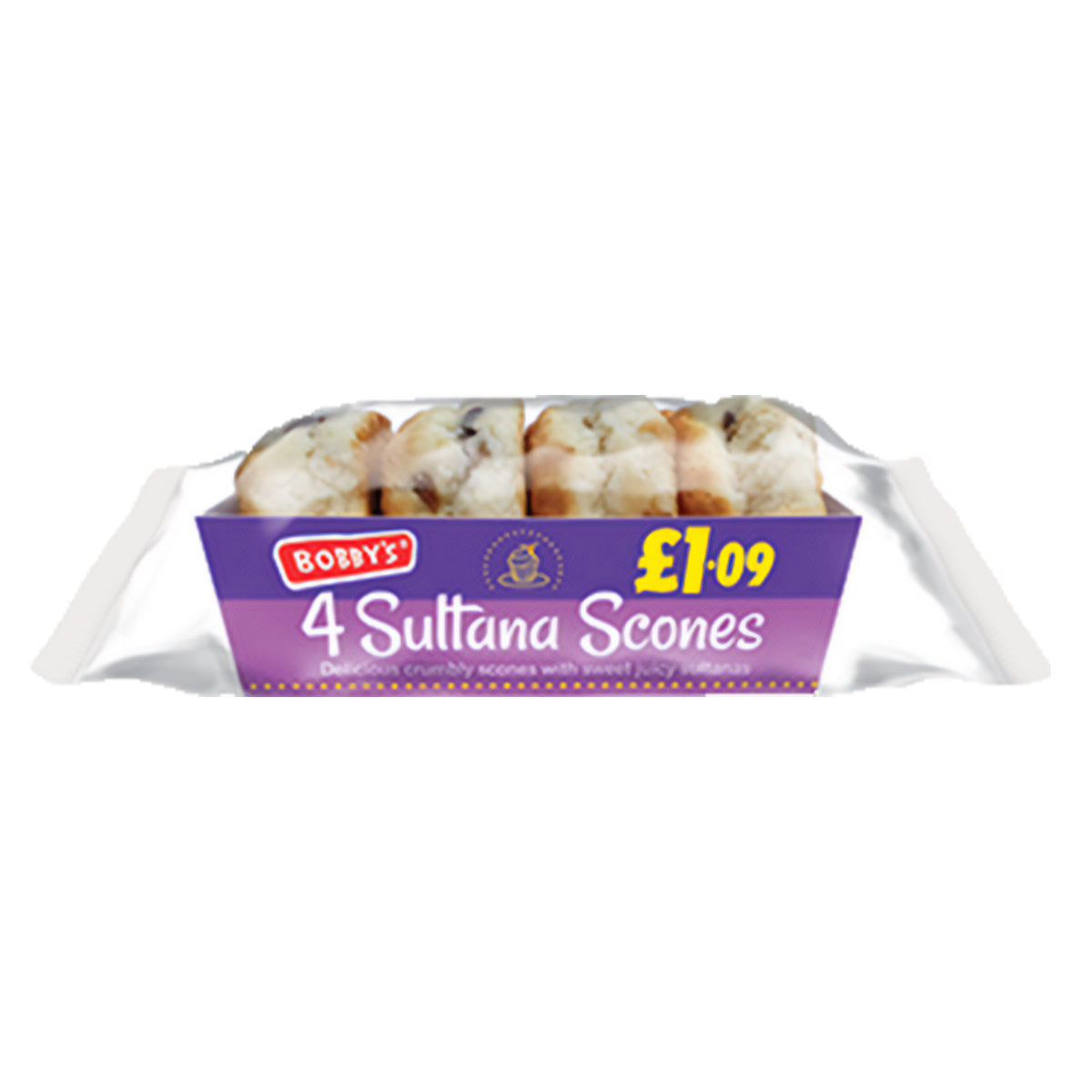 Bobbys - Sultana Scones - 4 Pack on a white background.