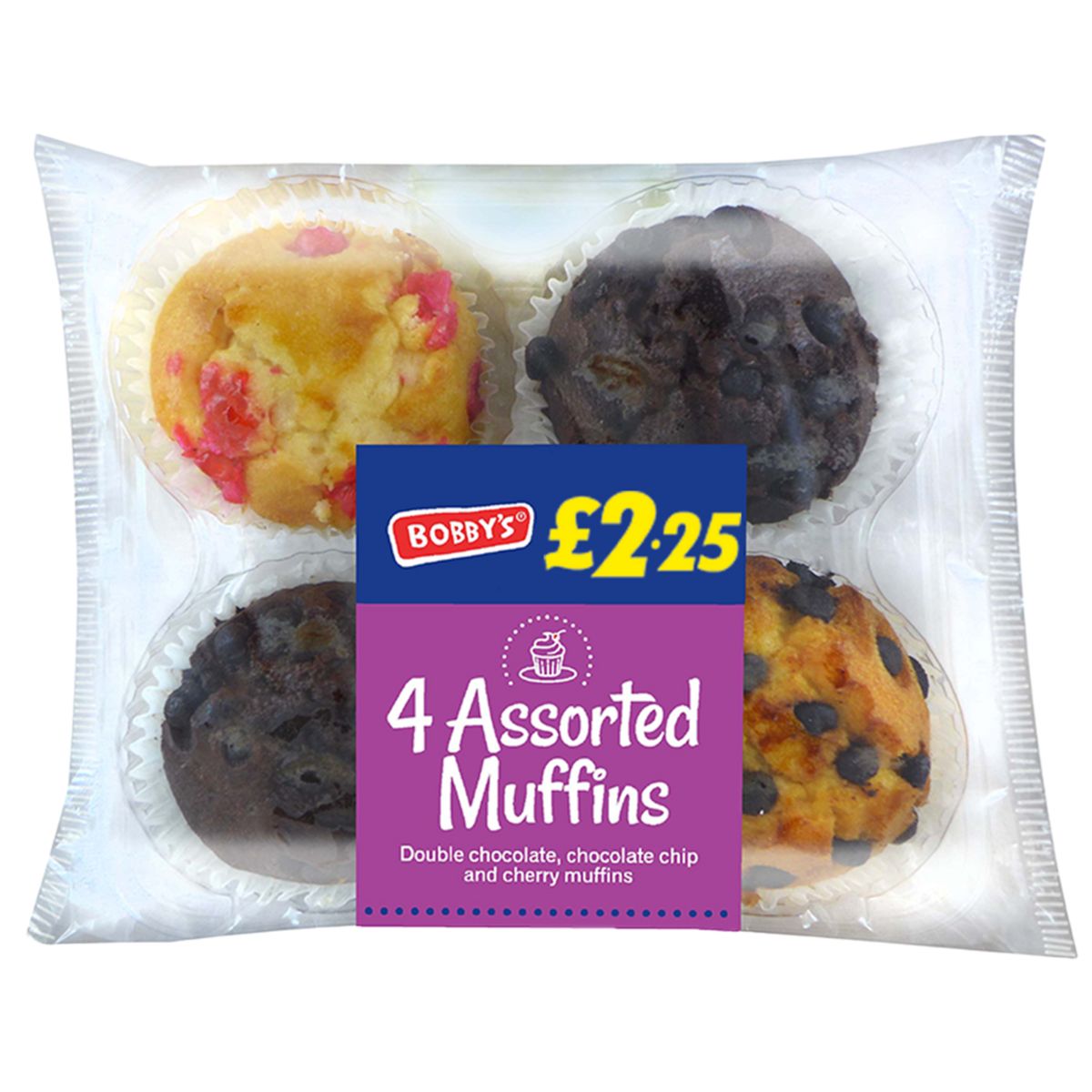 Four Bobbys - 4 Assorted Muffins - 285g in a plastic bag.