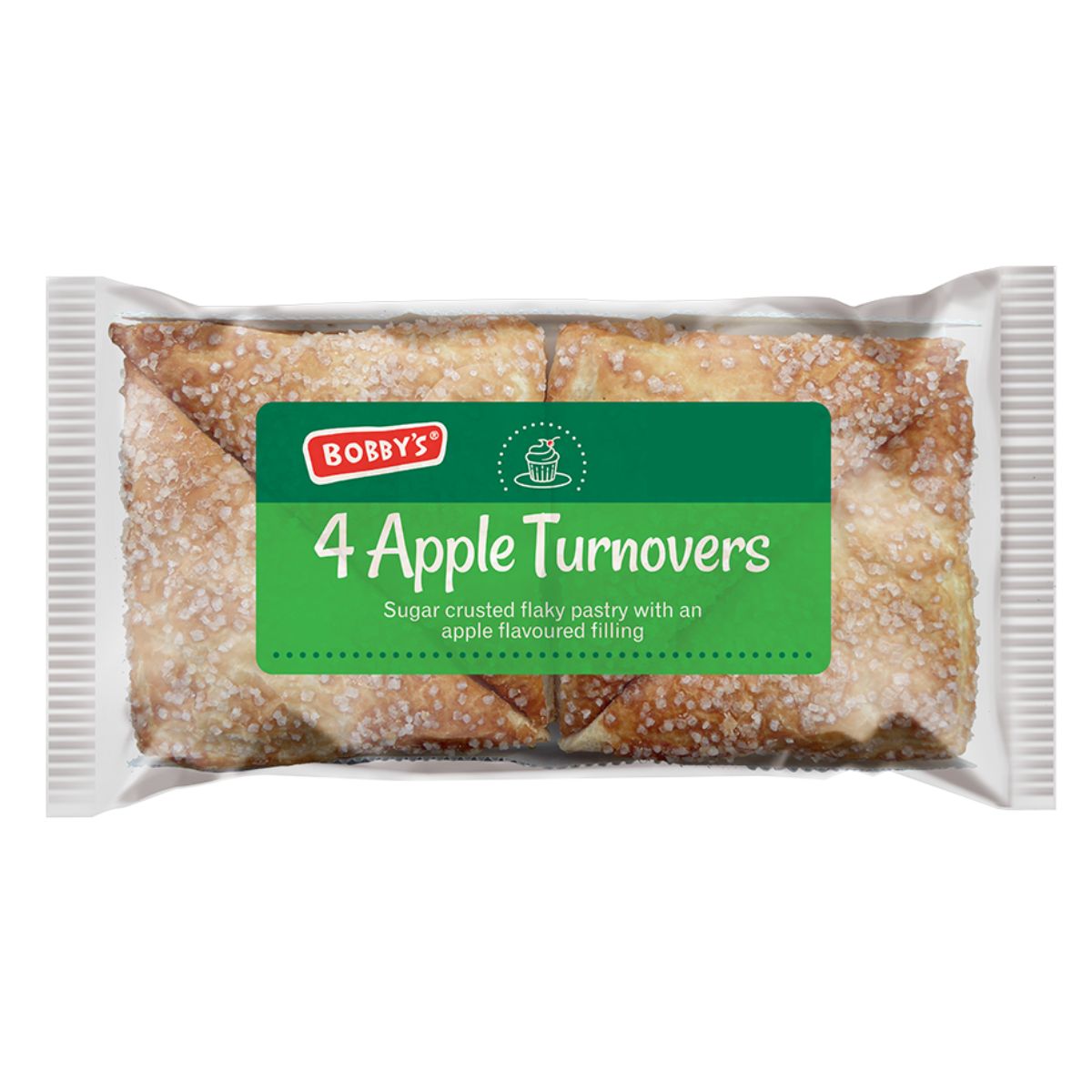 Bobbys - Apple Turnover - 4pcs with sugar crust in a clear plastic wrapping.