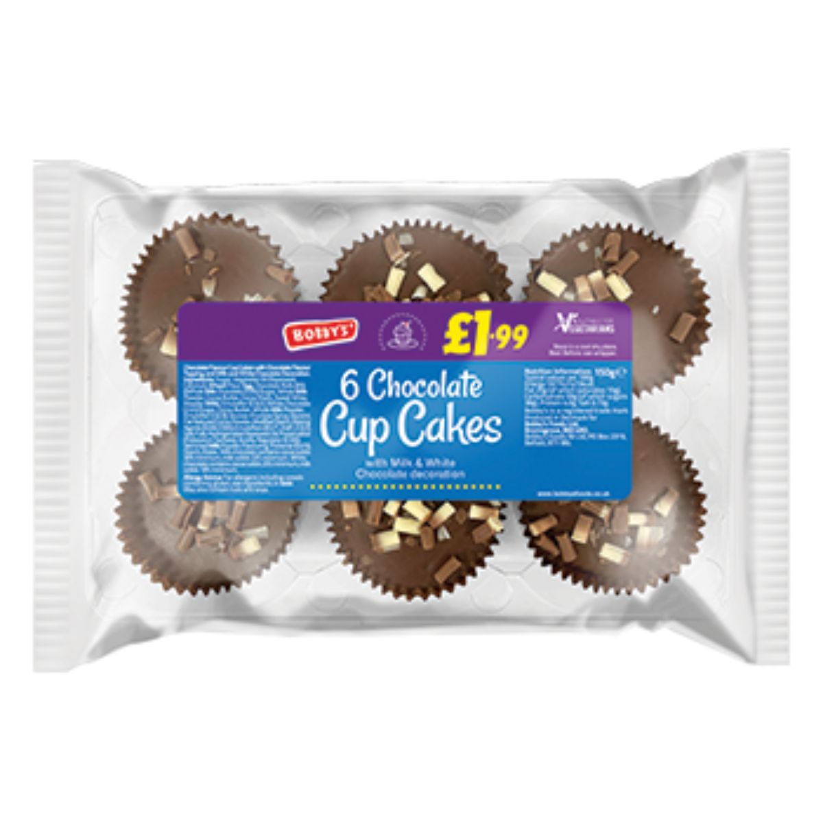 A packaged Bobbys - Chocolate Cup Cake - 6pcs displaying six chocolate cupcakes with a price label of £1.99.