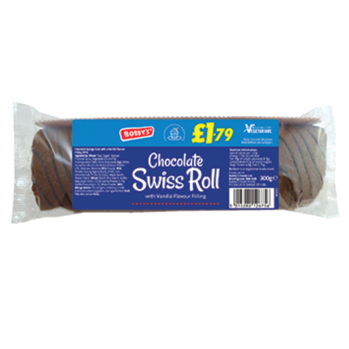 A package of Bobbys - Chocolate Swiss Roll - 300g.