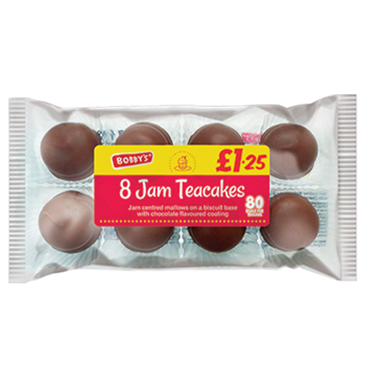 8 Bobbys - Jam Teacakes - 147g in a plastic bag.