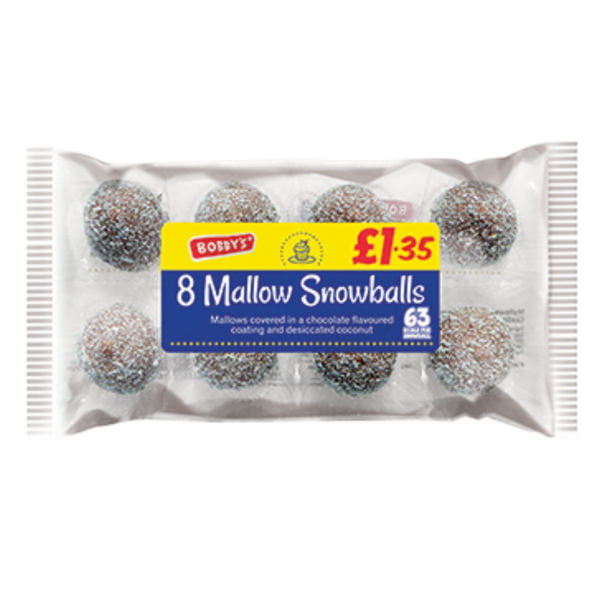 Package of 8 Bobbys mallow snowballs with a £1.35 price tag, featuring marshmallows covered in a chocolate-flavored coating and desiccated coconut.