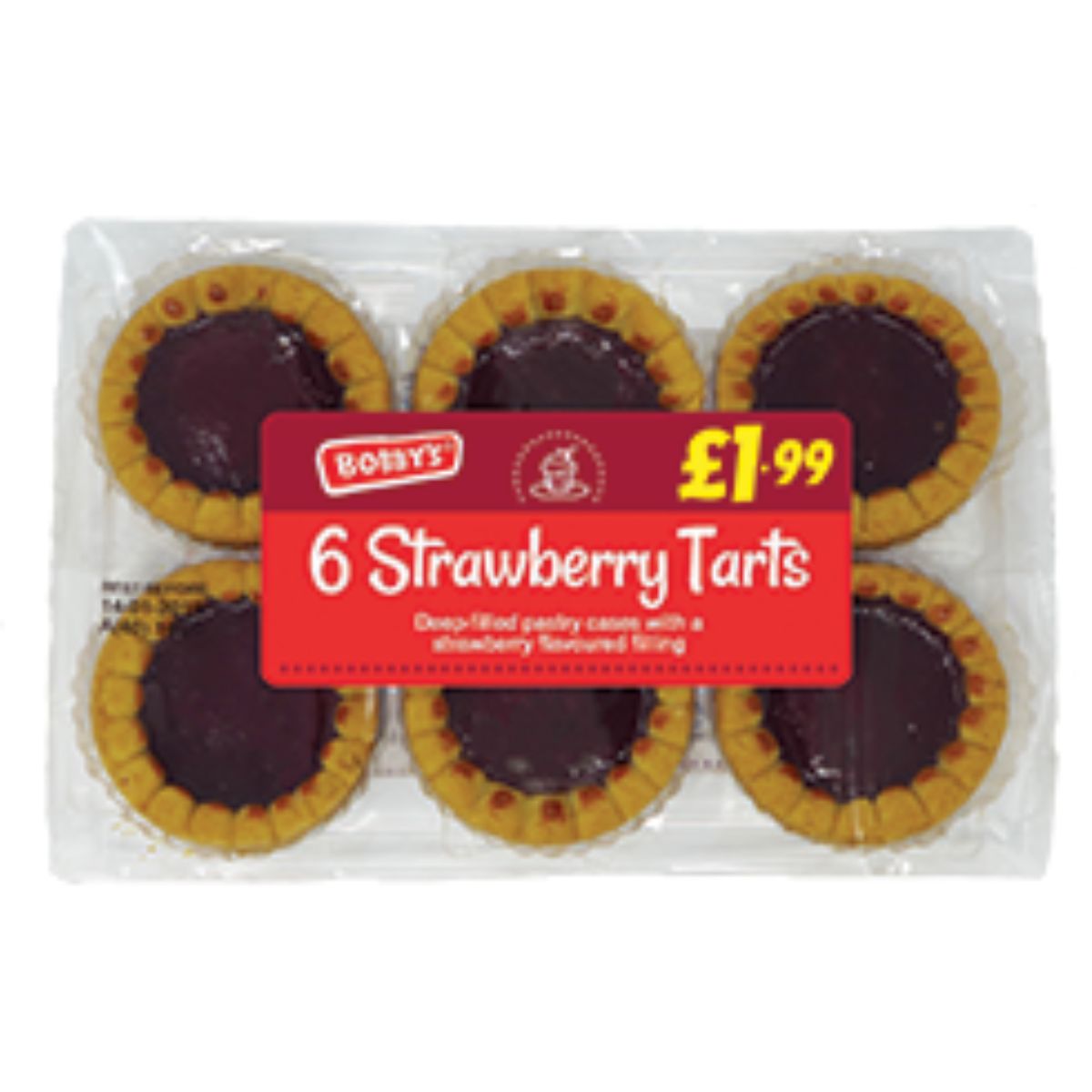 Bobbys - Strawberry Tarts - 6pcs with a deep-filled custard center and strawberry-flavored sauce, priced at £1.99.