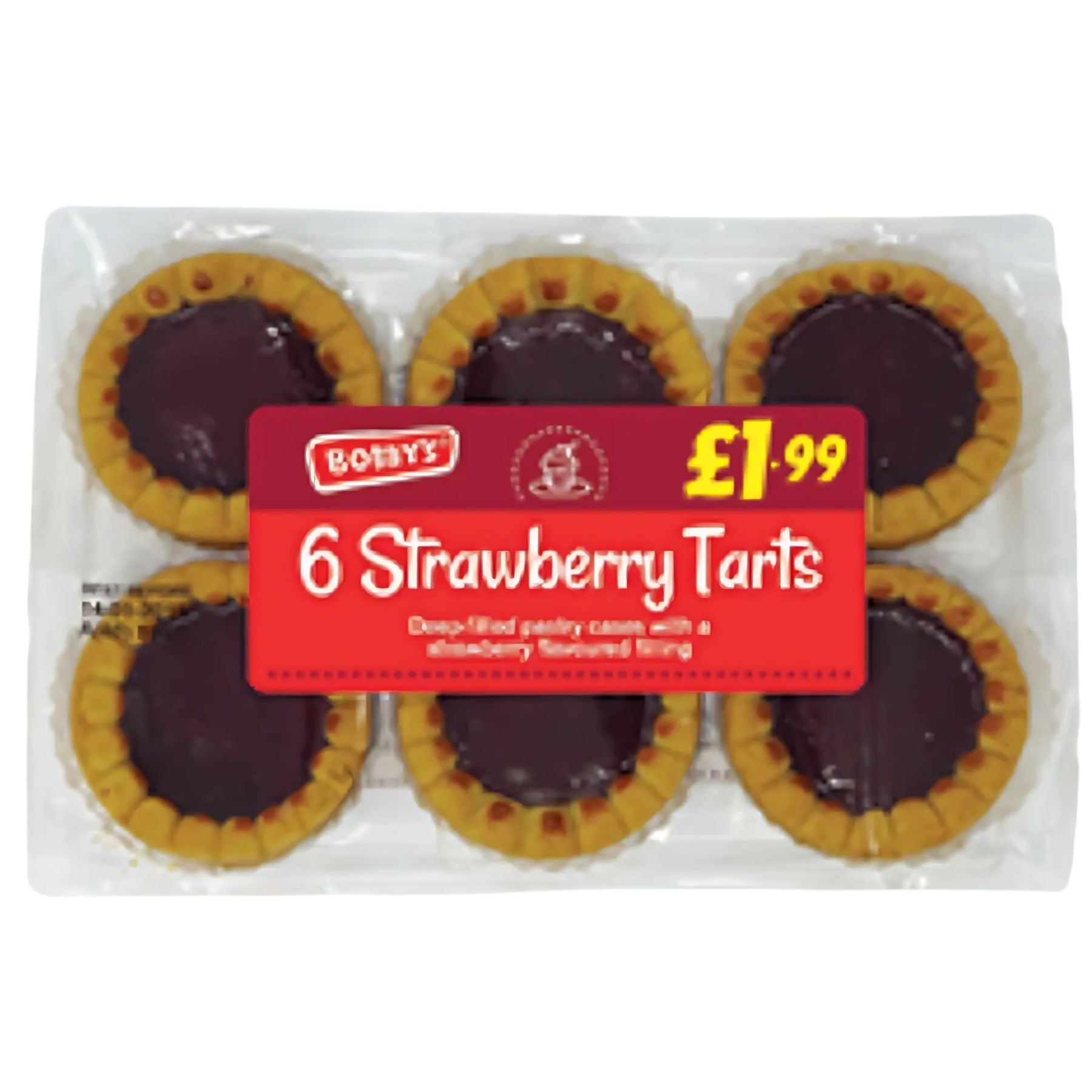 A plastic tray holds six Bobby's Strawberry Tarts, each with a strawberry-flavoured filling in crisp pastry cases. The red label reads "Bobbys - Strawberry Tarts - 6pcs" and the price is £1.99. A plastic tray holds six Bobby's Strawberry Tarts, each with a strawberry-flavoured filling in crisp pastry cases. The red label reads "Bobbys - Strawberry Tarts - 6pcs" and the price is £1.99.