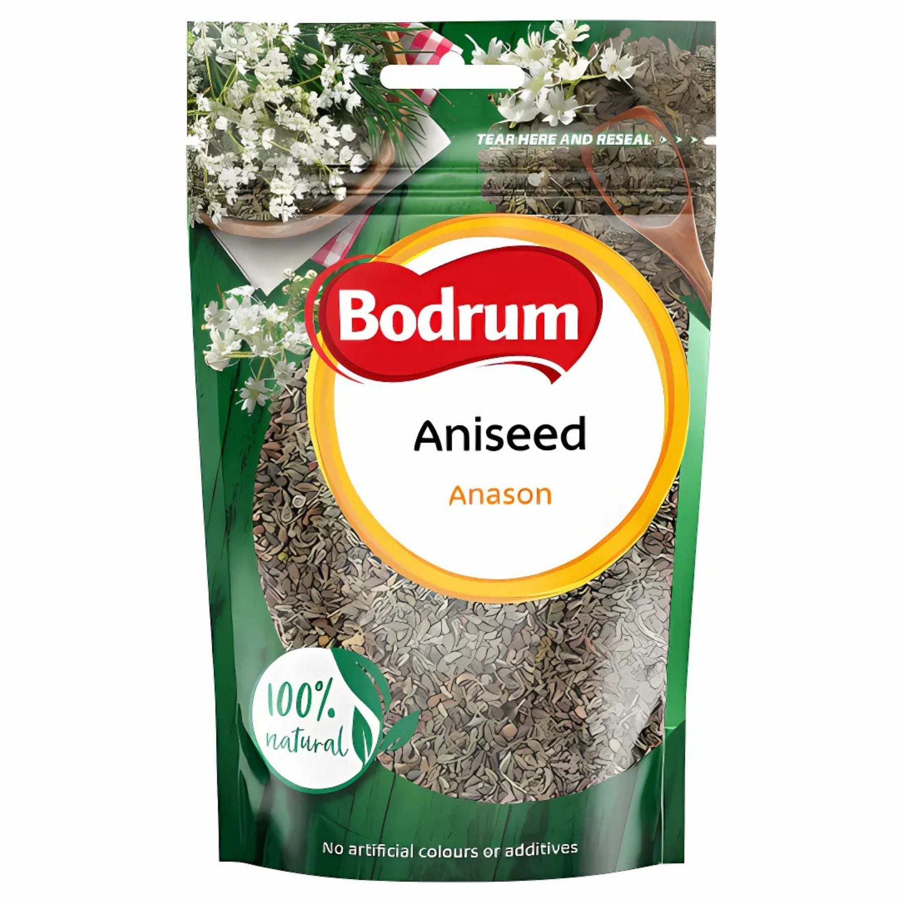 Bodrum - Aniseed - 100g features a clear window showing natural seeds, labeled "Anason" with "100% natural" and "No artificial colours or additives." Add authentic Mediterranean flavor to your dishes with this versatile spice. Bodrum - Aniseed - 100g features a clear window showing natural seeds, labeled "Anason" with "100% natural" and "No artificial colours or additives." Add authentic Mediterranean flavor to your dishes with this versatile spice.