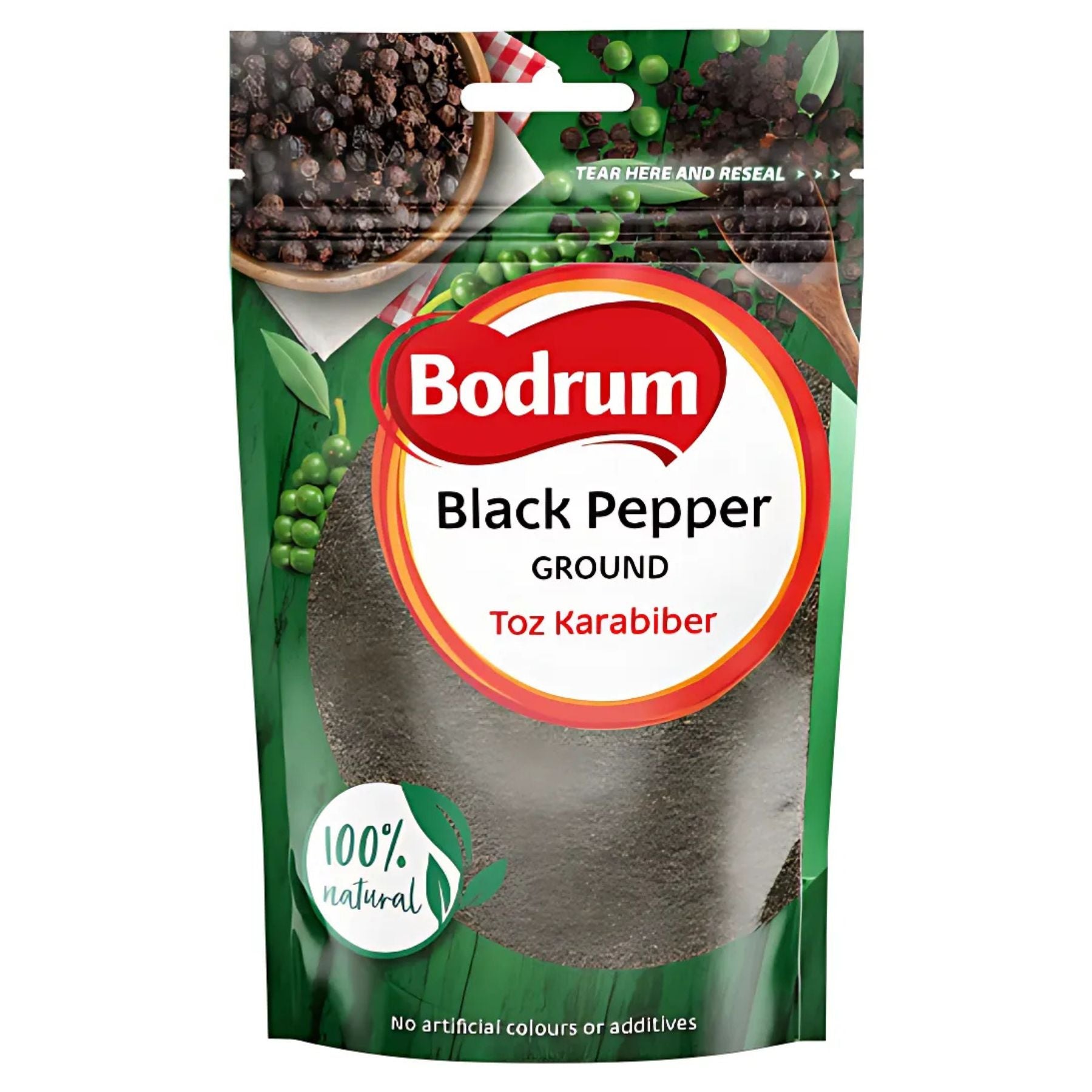 Bodrum - Black Pepper Ground - 100g: 100% natural, with no artificial colours or additives. Comes in a resealable packet—an essential spice for every kitchen. Bodrum - Black Pepper Ground - 100g: 100% natural, with no artificial colours or additives. Comes in a resealable packet—an essential spice for every kitchen.