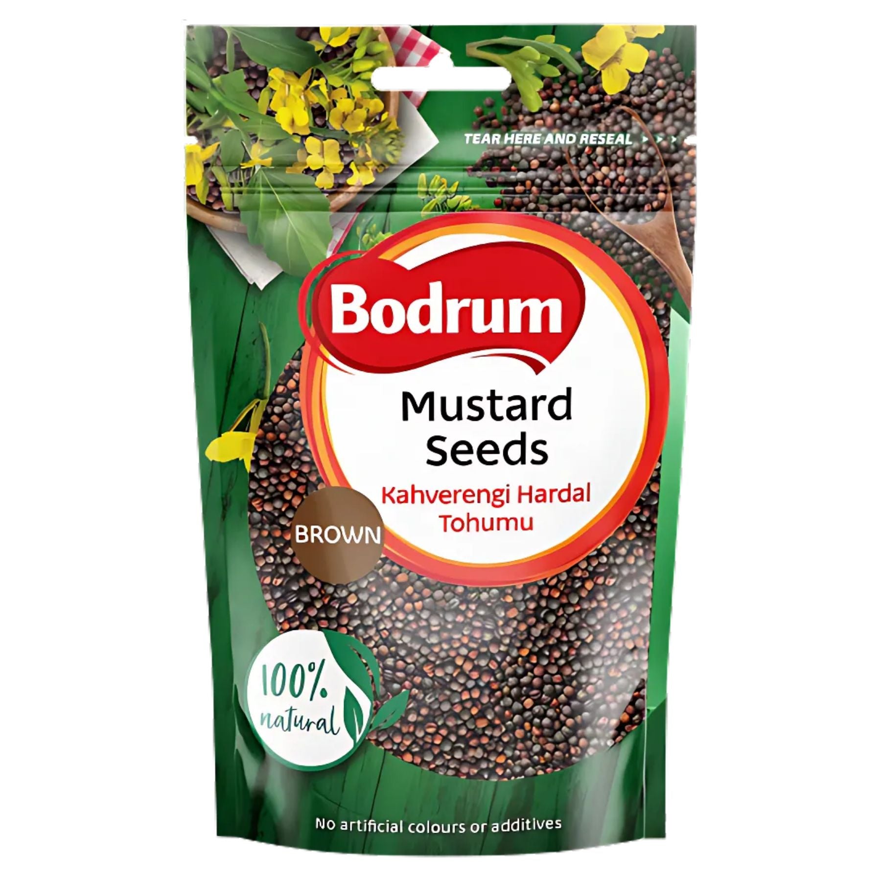 Bodrum Brown Mustard Seeds 100g are 100% natural, free from artificial colors or additives, and offer premium quality seeds for a bold, spicy flavor—packaged with images of mustard plants. Bodrum Brown Mustard Seeds 100g are 100% natural, free from artificial colors or additives, and offer premium quality seeds for a bold, spicy flavor—packaged with images of mustard plants.