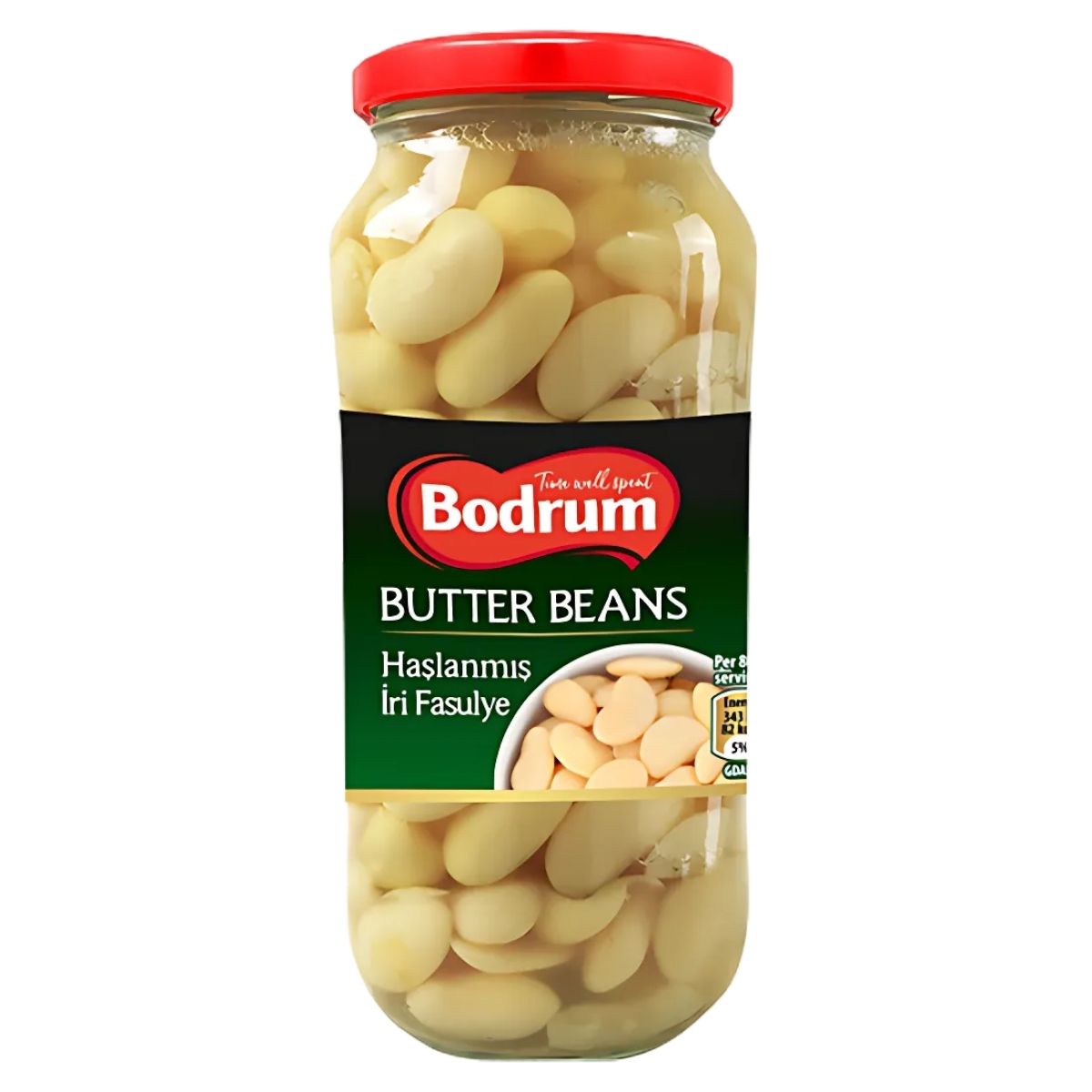 The 540g jar of Bodrum Butter Beans features a red lid and green label reading "Haslanmis Iri Fasulye." It contains large white beans in liquid, making them a nutrient-rich, flavourful addition to any dish. The 540g jar of Bodrum Butter Beans features a red lid and green label reading "Haslanmis Iri Fasulye." It contains large white beans in liquid, making them a nutrient-rich, flavourful addition to any dish.