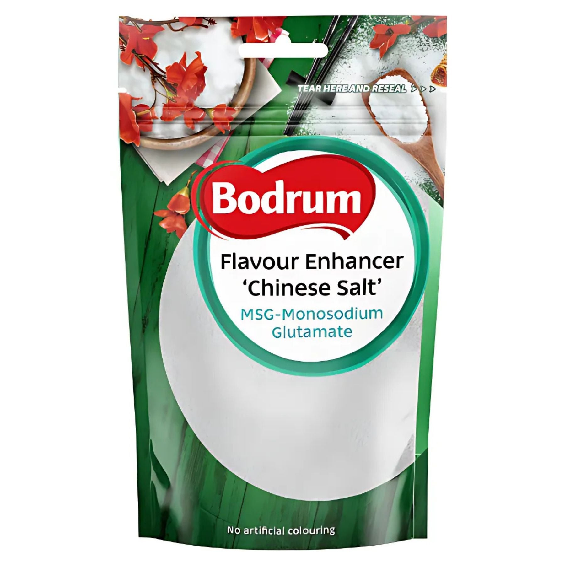 A 100g package of Bodrum - Chinese Salt features a resealable top, green and white design, and red autumn leaves in the corner. A 100g package of Bodrum - Chinese Salt features a resealable top, green and white design, and red autumn leaves in the corner.