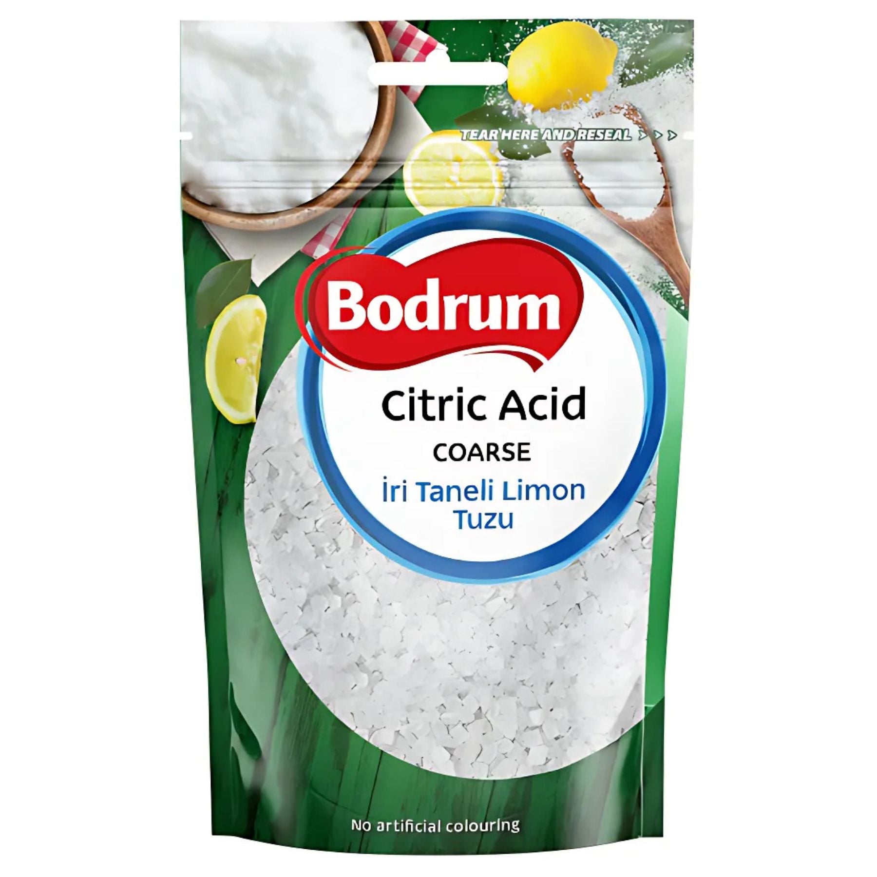 Bodrum - Citric Acid Coarse - 100g comes in a resealable pack labeled in English and Turkish, with images of lemons and a wooden spoon highlighting the pure citric acid inside. Bodrum - Citric Acid Coarse - 100g comes in a resealable pack labeled in English and Turkish, with images of lemons and a wooden spoon highlighting the pure citric acid inside.