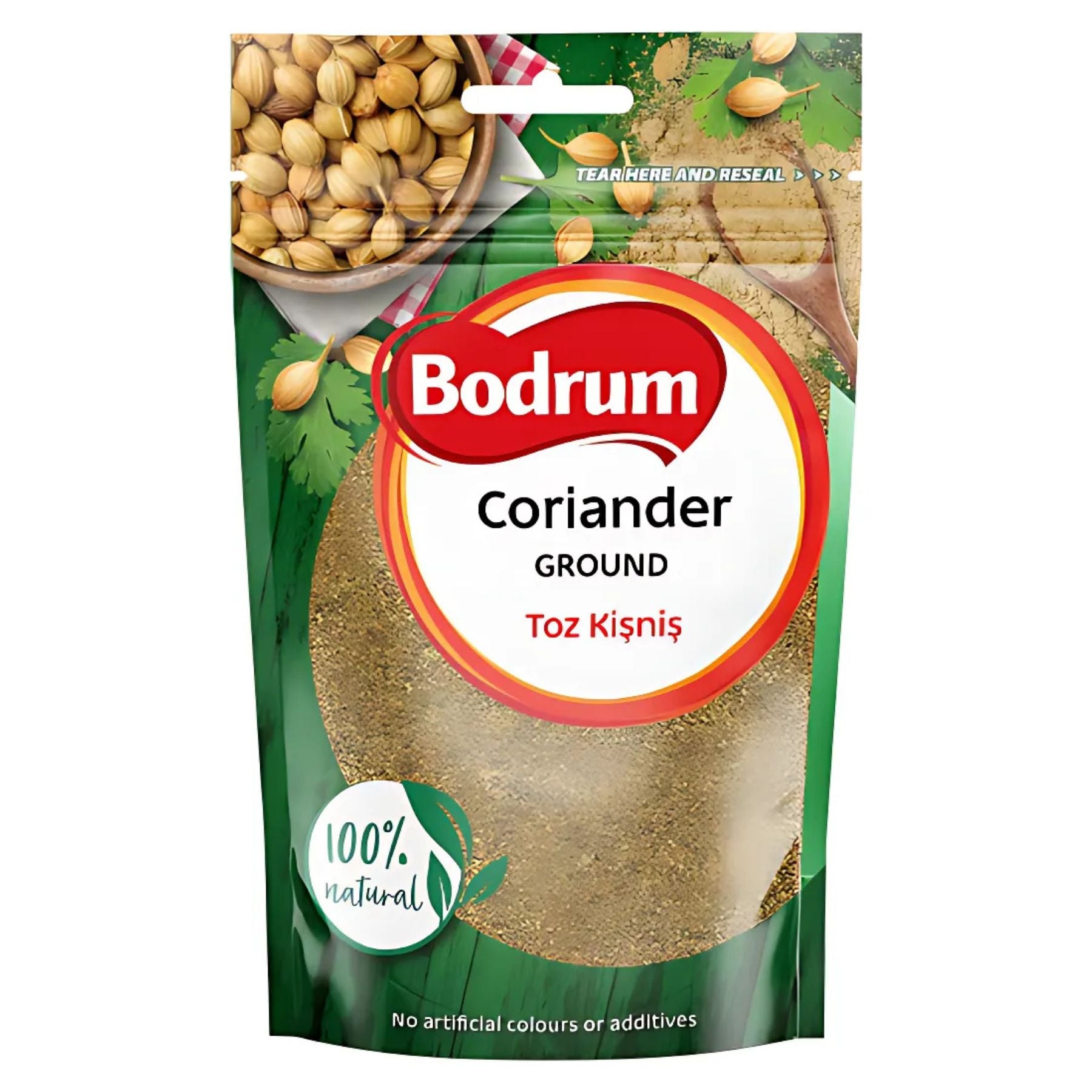 Bodrum - Coriander Powder - 100g is an essential aromatic spice. The pack shows coriander seeds and states "100% natural" with "No artificial colours or additives. Bodrum - Coriander Powder - 100g is an essential aromatic spice. The pack shows coriander seeds and states "100% natural" with "No artificial colours or additives.