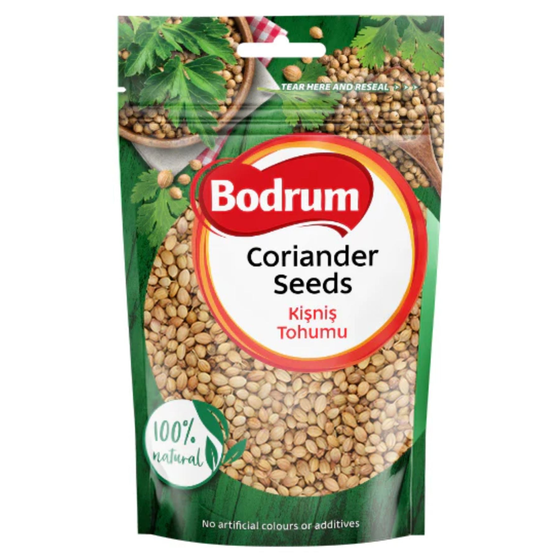Bodrum - Coriander Seeds - 65g, in a pack with a clear window to view the seeds, labeled "100% natural" and "No artificial colours or additives," ideal for adding fresh seasoning to your dishes. Bodrum - Coriander Seeds - 65g, in a pack with a clear window to view the seeds, labeled "100% natural" and "No artificial colours or additives," ideal for adding fresh seasoning to your dishes.