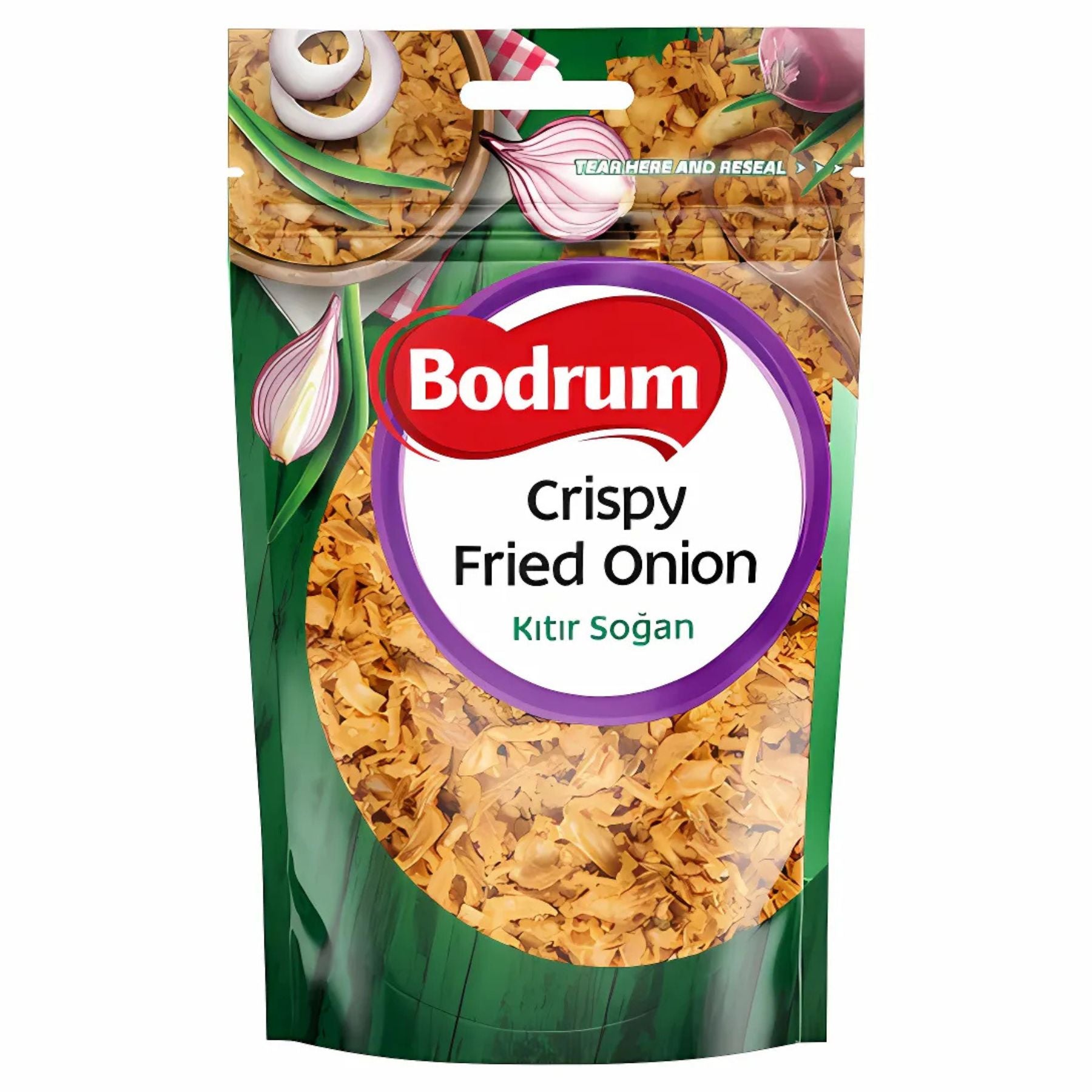 A green and clear pouch labeled "Bodrum - Crispy Fried Onion - 75g" shows images of golden crunchy onions inside, making it perfect as a garnish for soups. A green and clear pouch labeled "Bodrum - Crispy Fried Onion - 75g" shows images of golden crunchy onions inside, making it perfect as a garnish for soups.