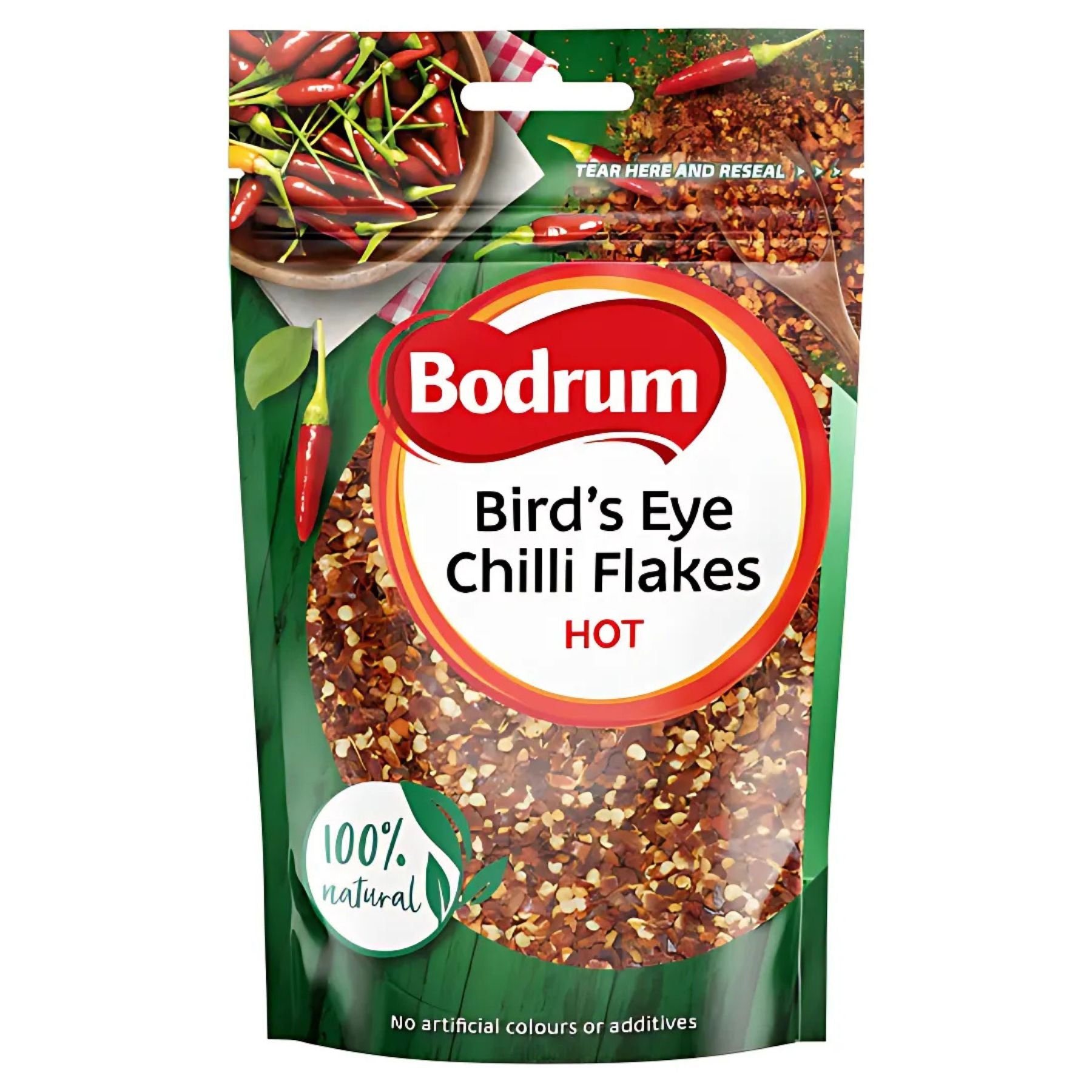 Front view of a Bodrum - Crushed Bird's Eye Chilli Flakes Hot - 100g packet, showcasing vibrant red crushed chilli flakes and whole bird’s eye chillies on the packaging. Front view of a Bodrum - Crushed Bird's Eye Chilli Flakes Hot - 100g packet, showcasing vibrant red crushed chilli flakes and whole bird’s eye chillies on the packaging.