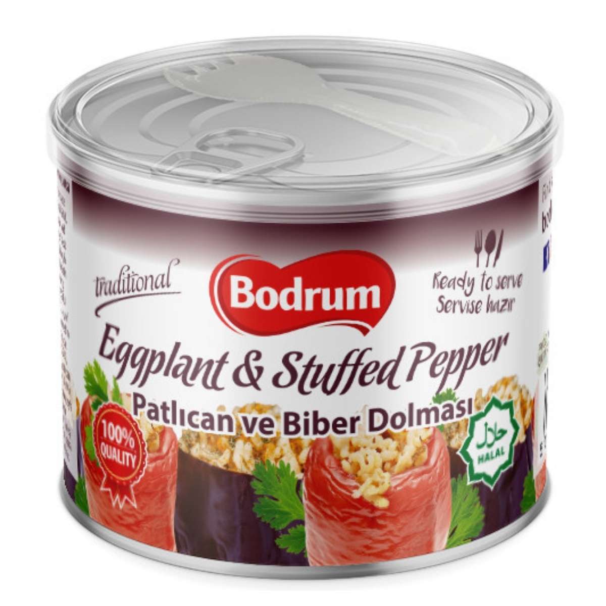 A 400g can of Bodrum Eggplant & Stuffed Pepper, traditional and halal, ready to serve with aromatic spices. Packaging features product images and text in English and Turkish. A 400g can of Bodrum Eggplant & Stuffed Pepper, traditional and halal, ready to serve with aromatic spices. Packaging features product images and text in English and Turkish.
