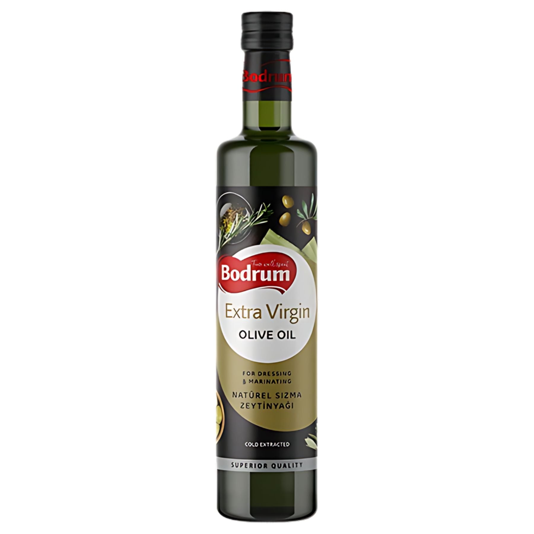 A bottle of Bodrum Extra Virgin Olive Oil with a black cap and label, featuring olives and herbs, contains 250ml of premium cold-pressed olive oil—ideal for dressing and marinating. A bottle of Bodrum Extra Virgin Olive Oil with a black cap and label, featuring olives and herbs, contains 250ml of premium cold-pressed olive oil—ideal for dressing and marinating.