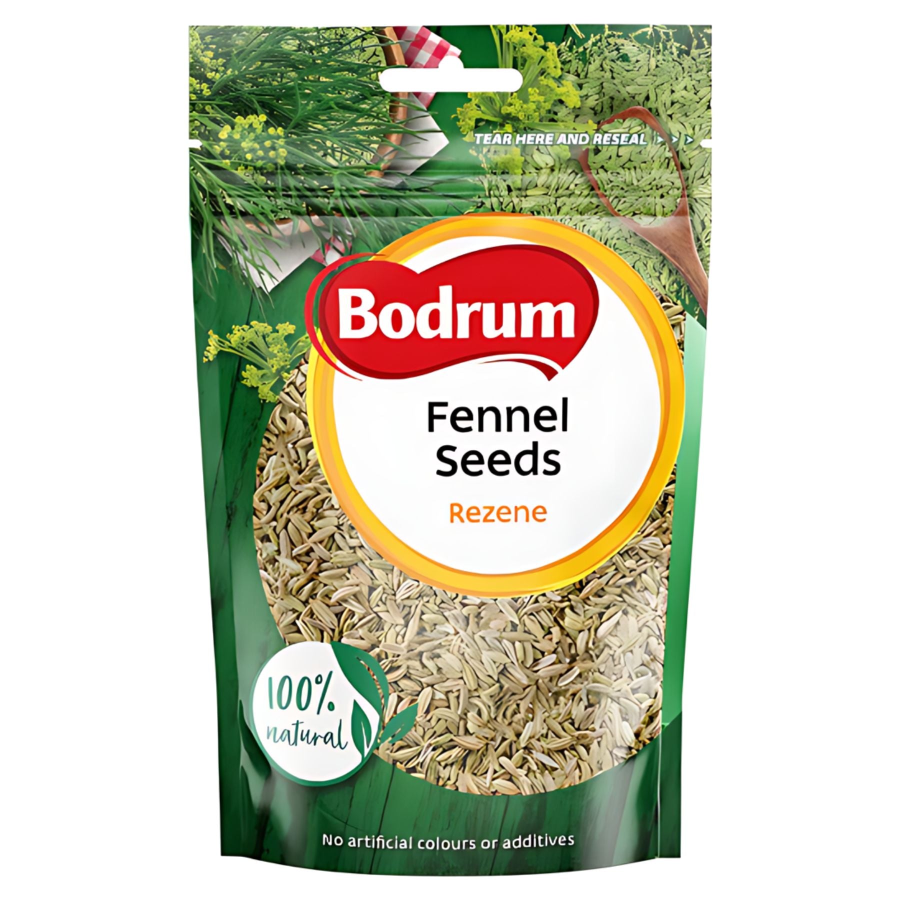 A 100g pack of Bodrum Fennel Seeds, labeled "Rezene," contains aromatic, premium-quality seeds—100% natural with no artificial colors or additives. A 100g pack of Bodrum Fennel Seeds, labeled "Rezene," contains aromatic, premium-quality seeds—100% natural with no artificial colors or additives.