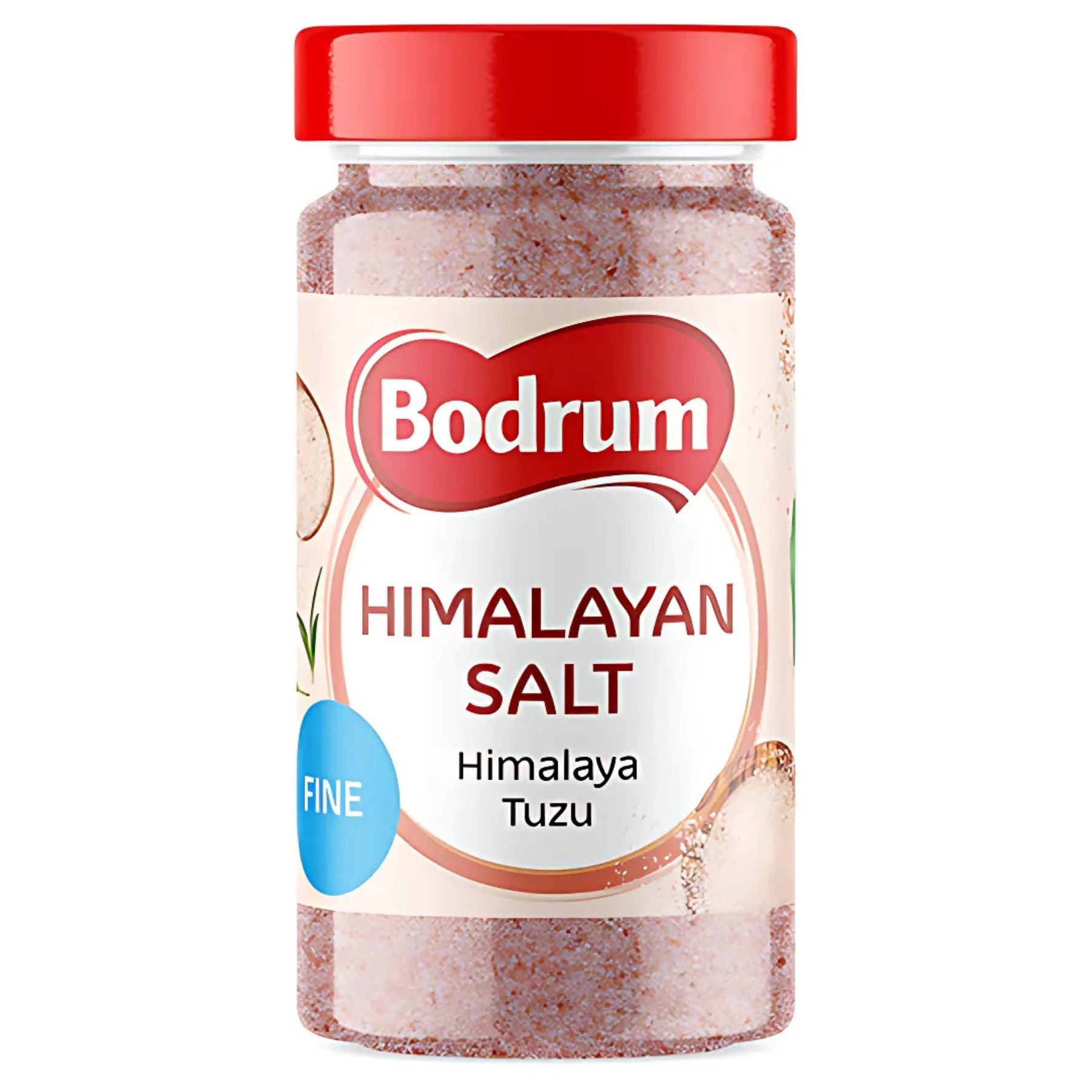 A 450g plastic jar with a red lid labeled "Bodrum - Fine Himalayan Salt" contains mineral-rich, fine pink Himalayan salt. A 450g plastic jar with a red lid labeled "Bodrum - Fine Himalayan Salt" contains mineral-rich, fine pink Himalayan salt.