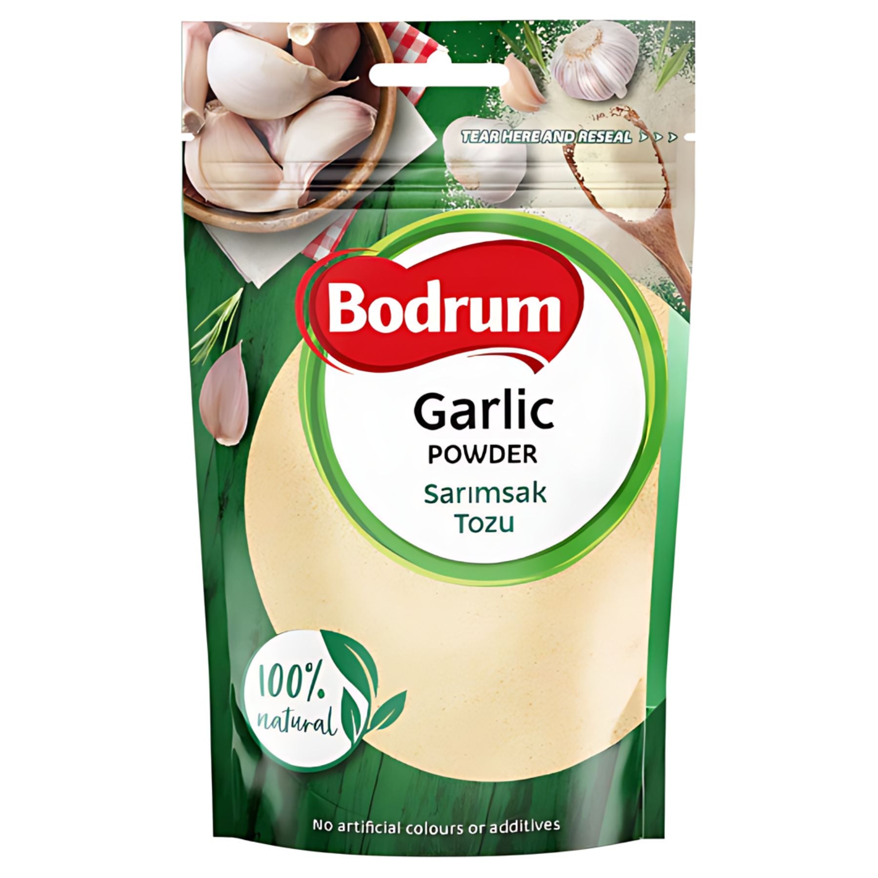 A 100g pack of Bodrum Garlic Powder, labeled as 100% natural and featuring images of garlic cloves and green leaves, showcases the premium quality garlic used in this product. A 100g pack of Bodrum Garlic Powder, labeled as 100% natural and featuring images of garlic cloves and green leaves, showcases the premium quality garlic used in this product.