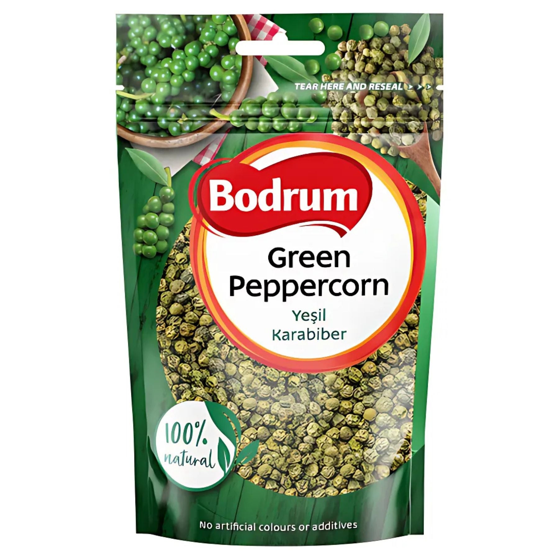 A 75g pack of Bodrum Green Peppercorns displays green peppercorn and pea images, labeled "100% natural" and "No artificial colours or additives," making it a perfect gourmet seasoning for your kitchen. A 75g pack of Bodrum Green Peppercorns displays green peppercorn and pea images, labeled "100% natural" and "No artificial colours or additives," making it a perfect gourmet seasoning for your kitchen.