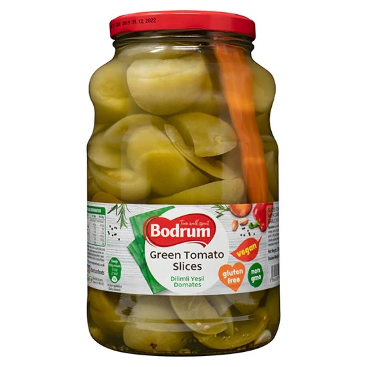 A 1600g jar of Bodrum Green Tomato Slices, known for its tangy flavor, carries labels that certify it as gluten-free, vegan, and non-GMO. A 1600g jar of Bodrum Green Tomato Slices, known for its tangy flavor, carries labels that certify it as gluten-free, vegan, and non-GMO.