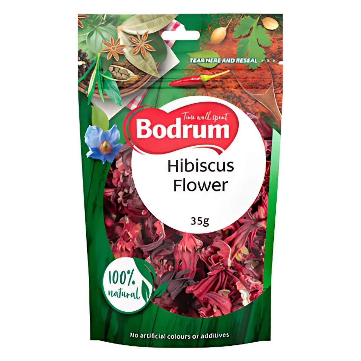 Bodrum - Hibiscus Flower - 35g comes in a resealable green and red pack, is 100% natural with no artificial colors or additives, and is rich in antioxidants—perfect for floral teas and a refreshing drink. Bodrum - Hibiscus Flower - 35g comes in a resealable green and red pack, is 100% natural with no artificial colors or additives, and is rich in antioxidants—perfect for floral teas and a refreshing drink.