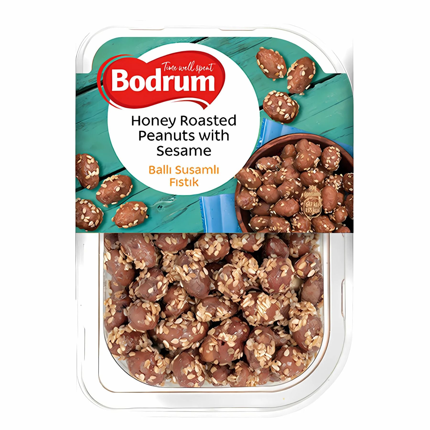 Bodrum - Honey Roasted Peanuts - 150g come in a clear plastic container with English and Turkish labels, featuring crunchy honey roasted peanuts coated in sesame seeds. Bodrum - Honey Roasted Peanuts - 150g come in a clear plastic container with English and Turkish labels, featuring crunchy honey roasted peanuts coated in sesame seeds.