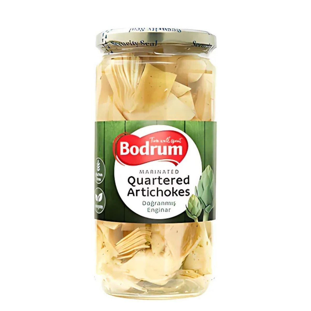 A 680g glass jar of Bodrum Marinated Quartered Artichokes with a green and white label—ideal for bringing Mediterranean flavor to your antipasti platter. A 680g glass jar of Bodrum Marinated Quartered Artichokes with a green and white label—ideal for bringing Mediterranean flavor to your antipasti platter.