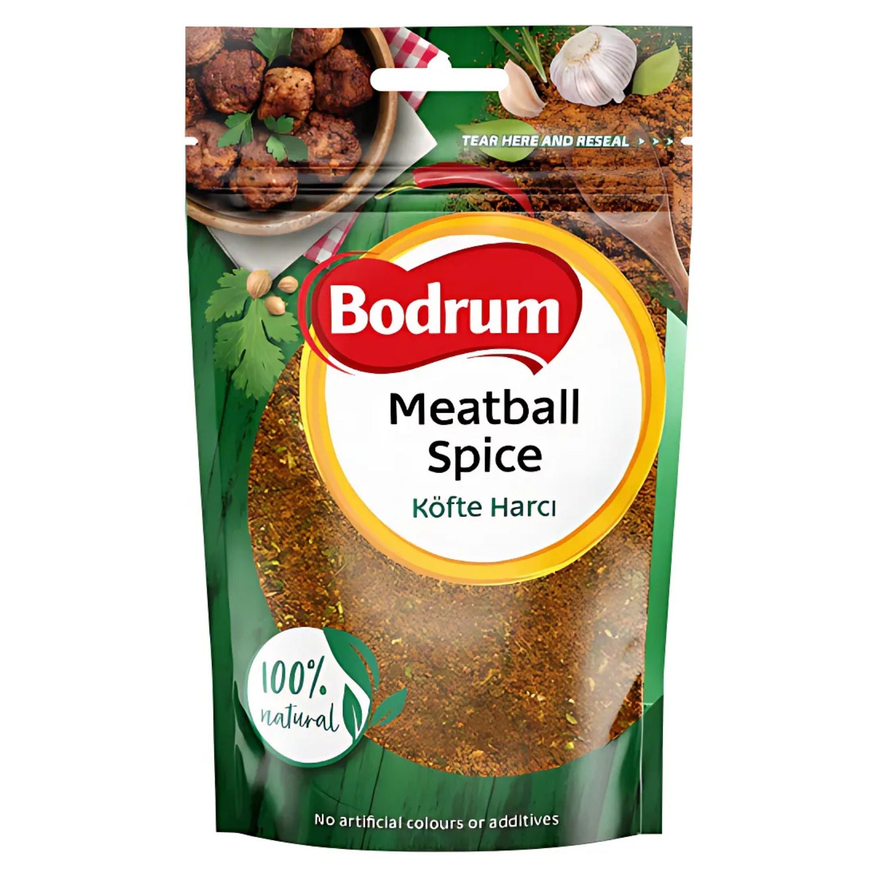 Bodrum - Meatball Spice - 100g: a 100% natural blend with Mediterranean flavors. The pack shows meatballs, herbs, and garlic—ideal for making delicious homemade köfte. Bodrum - Meatball Spice - 100g: a 100% natural blend with Mediterranean flavors. The pack shows meatballs, herbs, and garlic—ideal for making delicious homemade köfte.