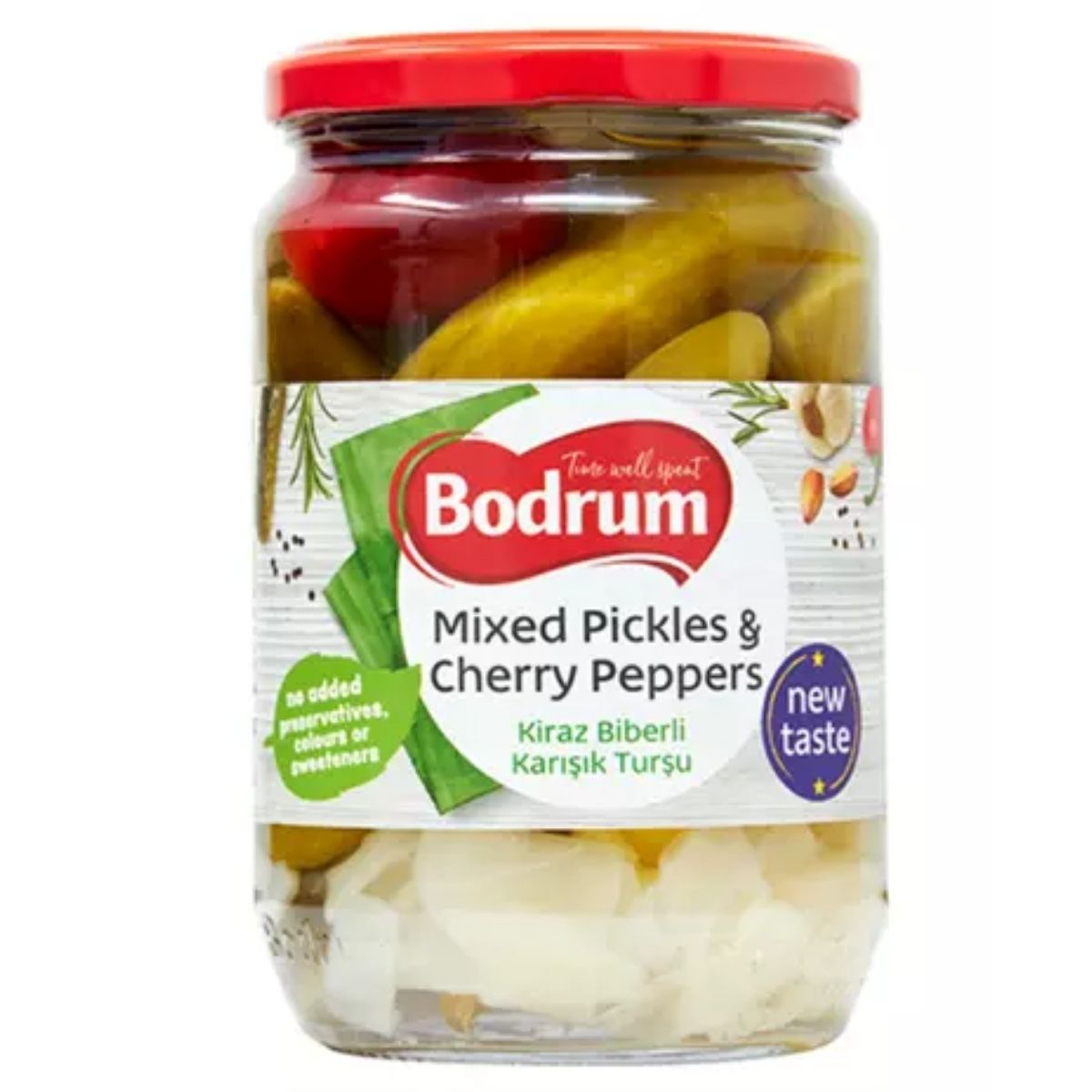 Experience the vibrant flavors in a jar of Bodrum Mixed Pickles & Cherry Peppers - 680g, featuring a striking red lid and a colorful label. Delight in the perfect blend of sliced pickles and zesty cherry peppers with every bite. Experience the vibrant flavors in a jar of Bodrum Mixed Pickles & Cherry Peppers - 680g, featuring a striking red lid and a colorful label. Delight in the perfect blend of sliced pickles and zesty cherry peppers with every bite.