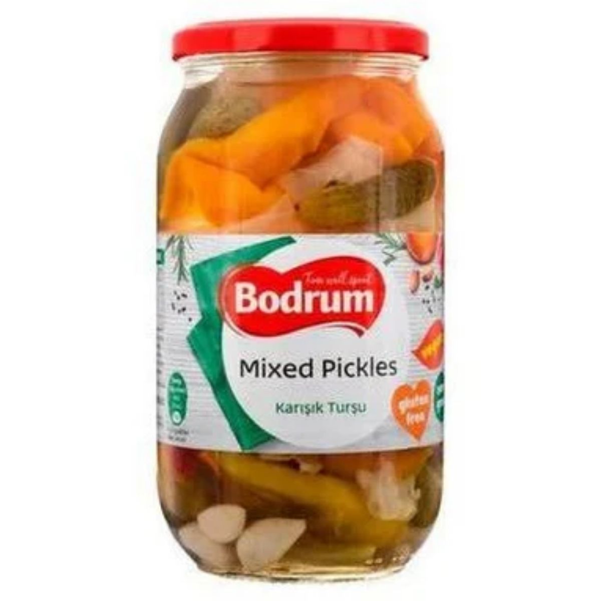 Jar of Bodrum - Mixed Pickles (karışık turşu), 670g, with a red lid, featuring various vegetables and a label that reads "gluten-free. Jar of Bodrum - Mixed Pickles (karışık turşu), 670g, with a red lid, featuring various vegetables and a label that reads "gluten-free.