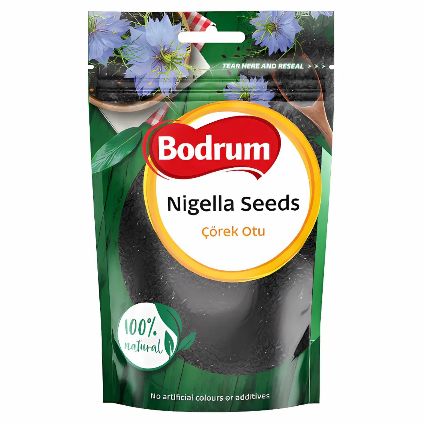 A 100g green resealable pack of Bodrum Nigella Seeds (Kalonji), labeled 100% natural with no artificial colours or additives. A 100g green resealable pack of Bodrum Nigella Seeds (Kalonji), labeled 100% natural with no artificial colours or additives.