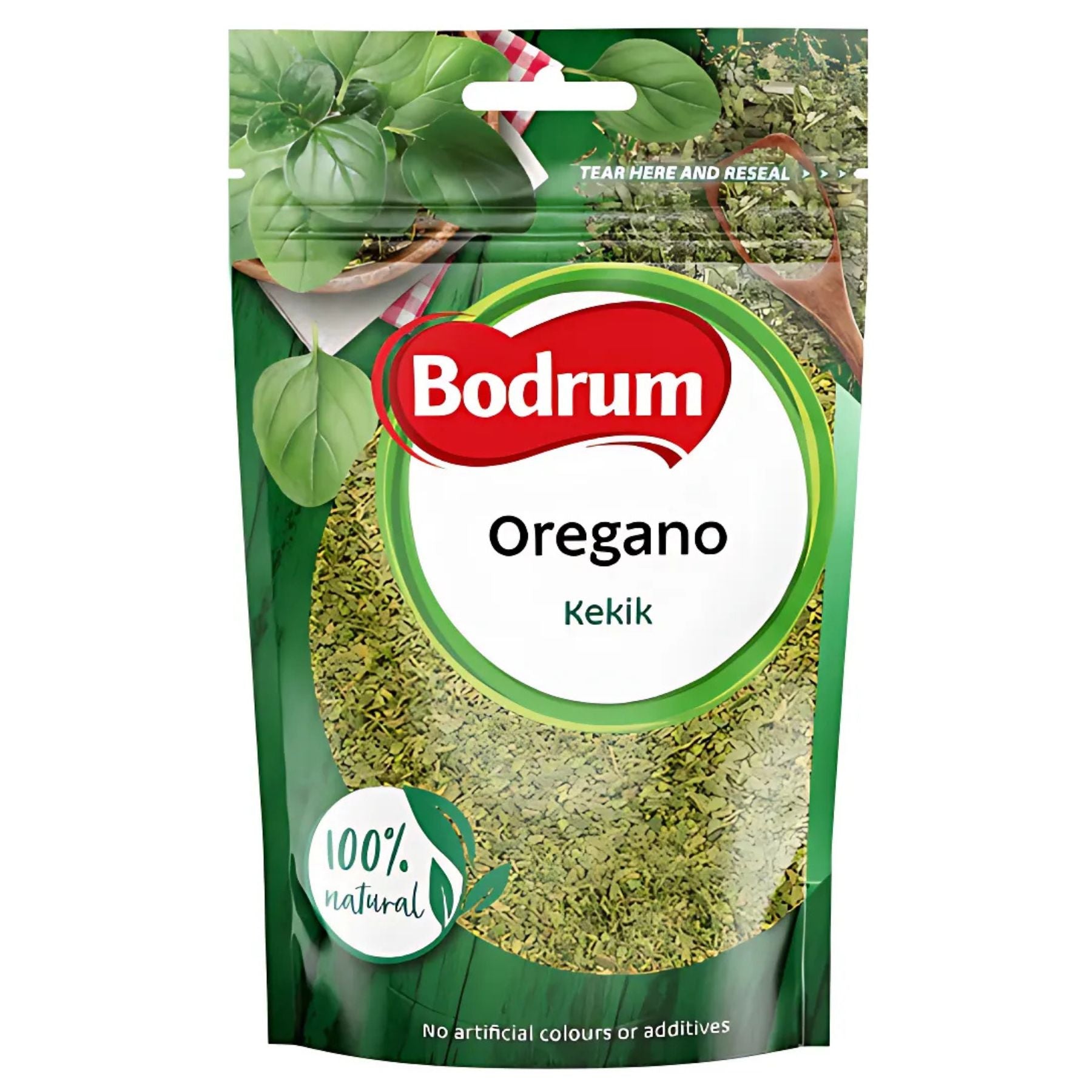 A 40g Bodrum - Oregano Pouch (Kekik) features images of fresh herb leaves and "100% natural" text on the front. A 40g Bodrum - Oregano Pouch (Kekik) features images of fresh herb leaves and "100% natural" text on the front.