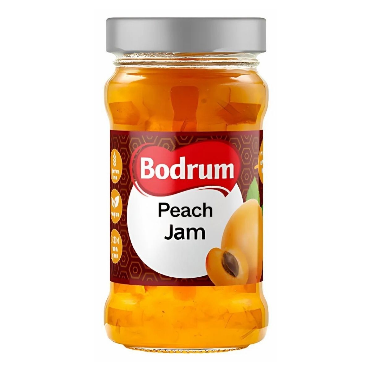 Enjoy Bodrum Peach Jam (380g), a premium jam in a glass jar with a silver lid, featuring peach imagery and nutritional details—ideal for those seeking quality from the Bodrum brand. Enjoy Bodrum Peach Jam (380g), a premium jam in a glass jar with a silver lid, featuring peach imagery and nutritional details—ideal for those seeking quality from the Bodrum brand.