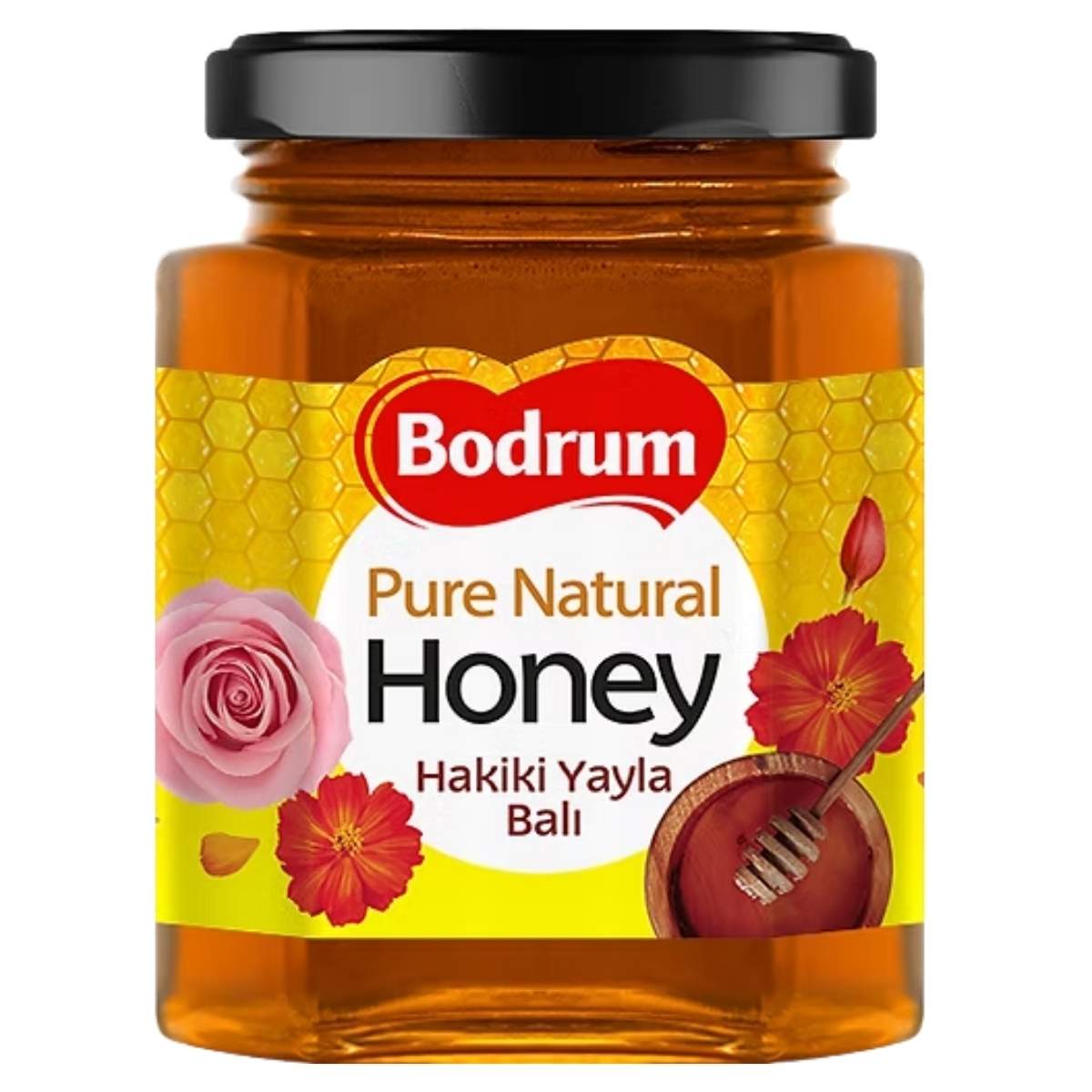 Enjoy the natural sweetness of Bodrum - Pure Natural Honey In Jar - 250g, featuring a yellow label with flowers, a honey dipper, and a black lid in every spoonful. Enjoy the natural sweetness of Bodrum - Pure Natural Honey In Jar - 250g, featuring a yellow label with flowers, a honey dipper, and a black lid in every spoonful.
