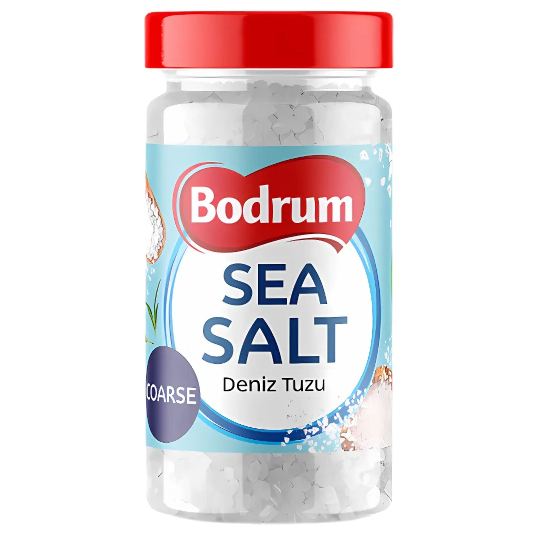 A 450g clear plastic container of Bodrum Sea Salt Coarse, with a red lid and blue-white label. A 450g clear plastic container of Bodrum Sea Salt Coarse, with a red lid and blue-white label.