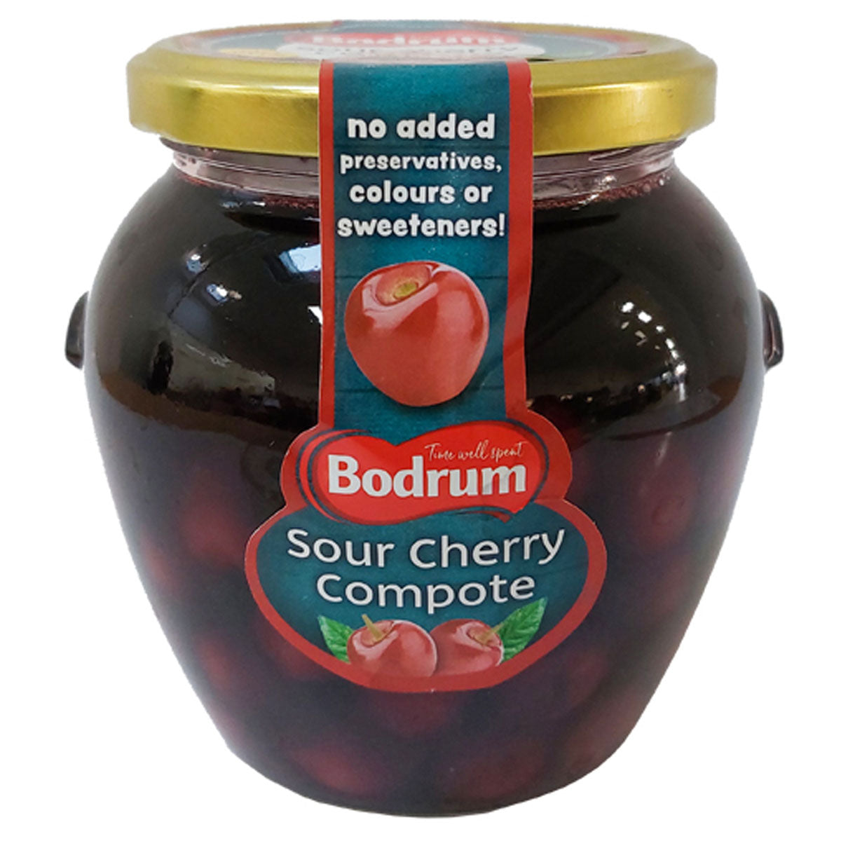 A jar of Bodrum - Sour Cherry Compote - 580g on a white background. A jar of Bodrum - Sour Cherry Compote - 580g on a white background.