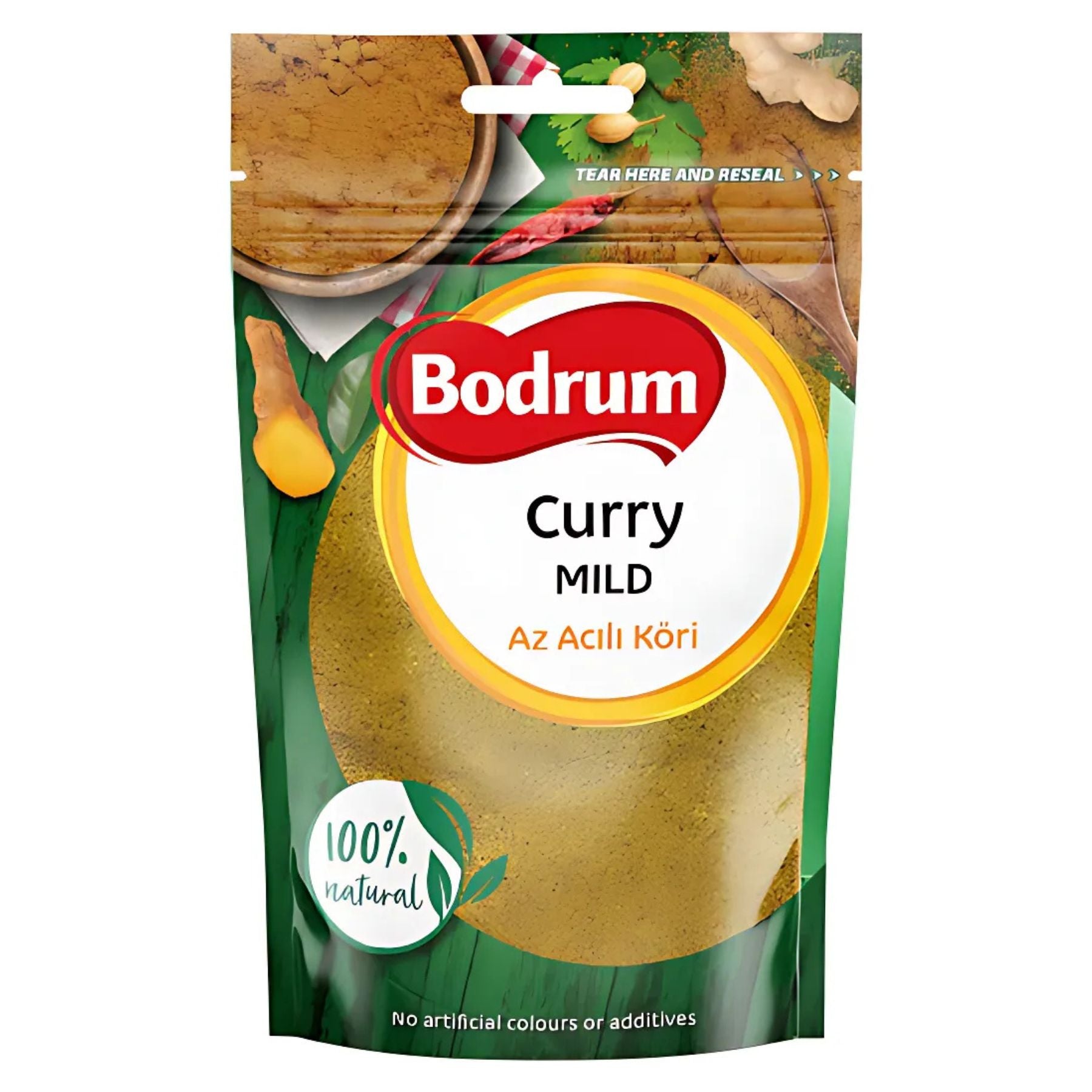 A 100g pack of Bodrum Spice Mild Curry Powder, an aromatic blend labeled "100% natural" and "No artificial colours or additives," featuring curry and spice images on its packaging. A 100g pack of Bodrum Spice Mild Curry Powder, an aromatic blend labeled "100% natural" and "No artificial colours or additives," featuring curry and spice images on its packaging.