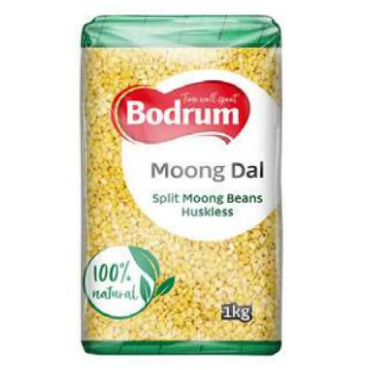 A bag of Bodrum - Split Moong Beans Huskless - 1kg with a label. A bag of Bodrum - Split Moong Beans Huskless - 1kg with a label.