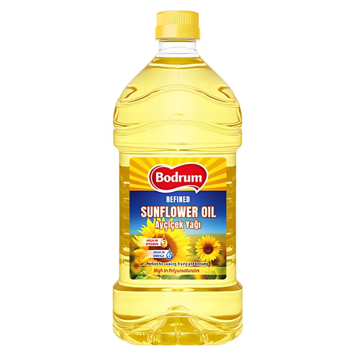 A 2L bottle of Bodrum Sunflower Oil, ideal for cooking flavorful dishes, features a yellow label with sunflowers and nutritional information. A 2L bottle of Bodrum Sunflower Oil, ideal for cooking flavorful dishes, features a yellow label with sunflowers and nutritional information.
