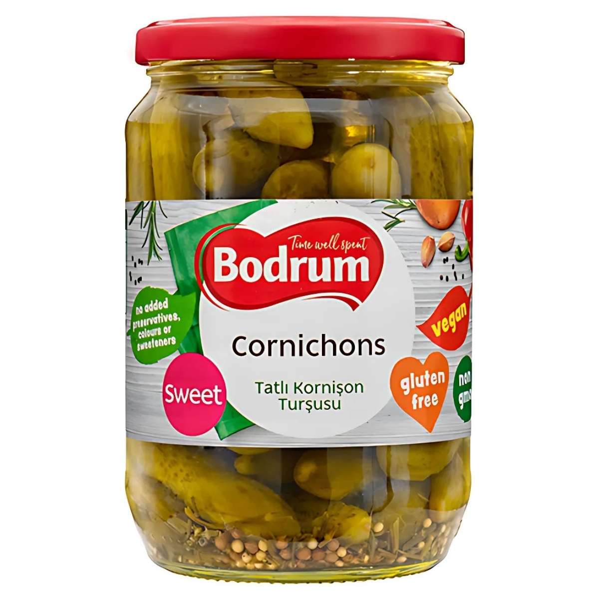 Bodrum Sweet Cornichons (680g) are pickled cucumbers with a vibrant red lid, labeled as sweet, gluten-free, vegan, and non-GMO—a perfect condiment for any meal!. Bodrum Sweet Cornichons (680g) are pickled cucumbers with a vibrant red lid, labeled as sweet, gluten-free, vegan, and non-GMO—a perfect condiment for any meal!.