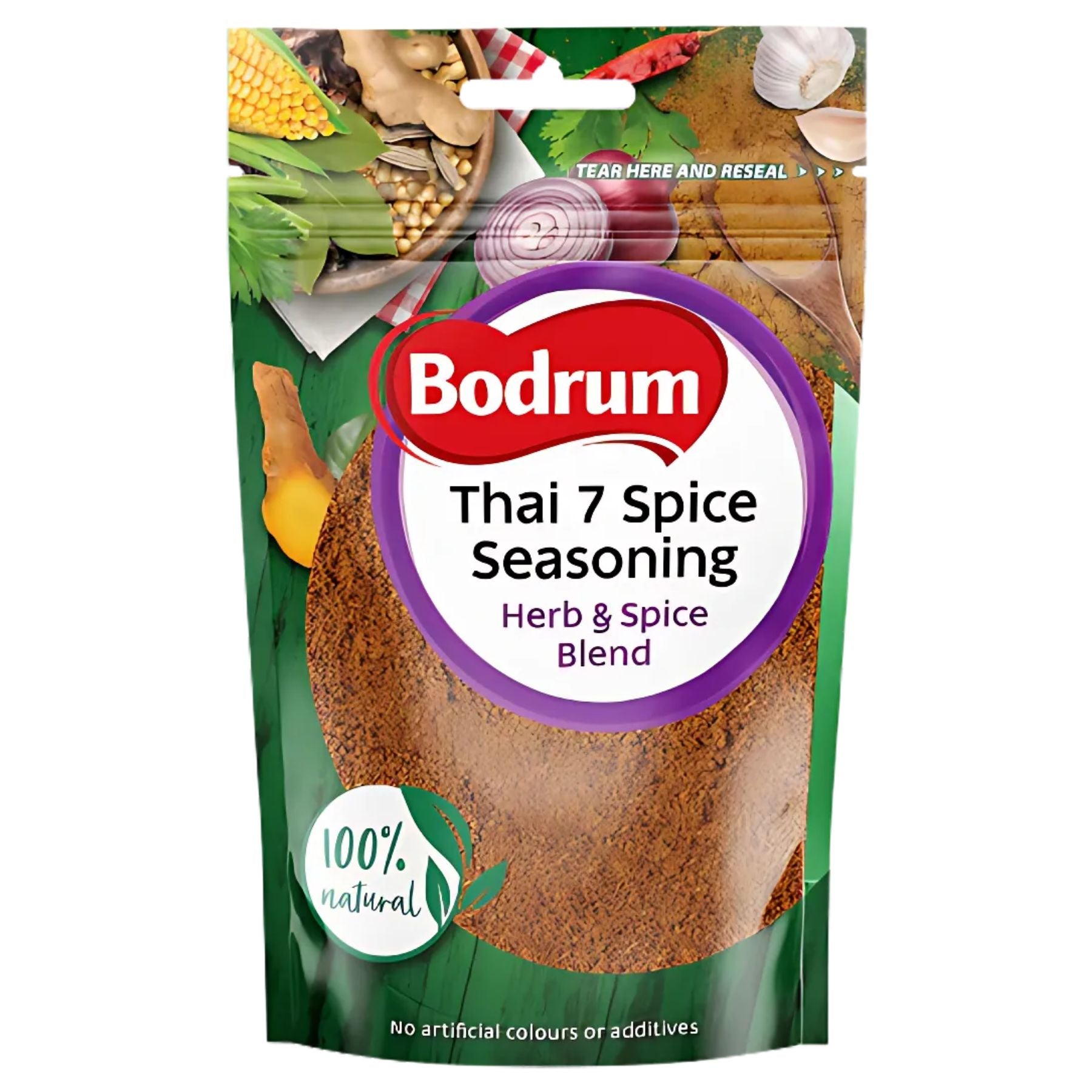 A 50g packet of Bodrum Thai 7 Spice Seasoning, a 100% natural herb and spice mix with no artificial colors or additives. A 50g packet of Bodrum Thai 7 Spice Seasoning, a 100% natural herb and spice mix with no artificial colors or additives.